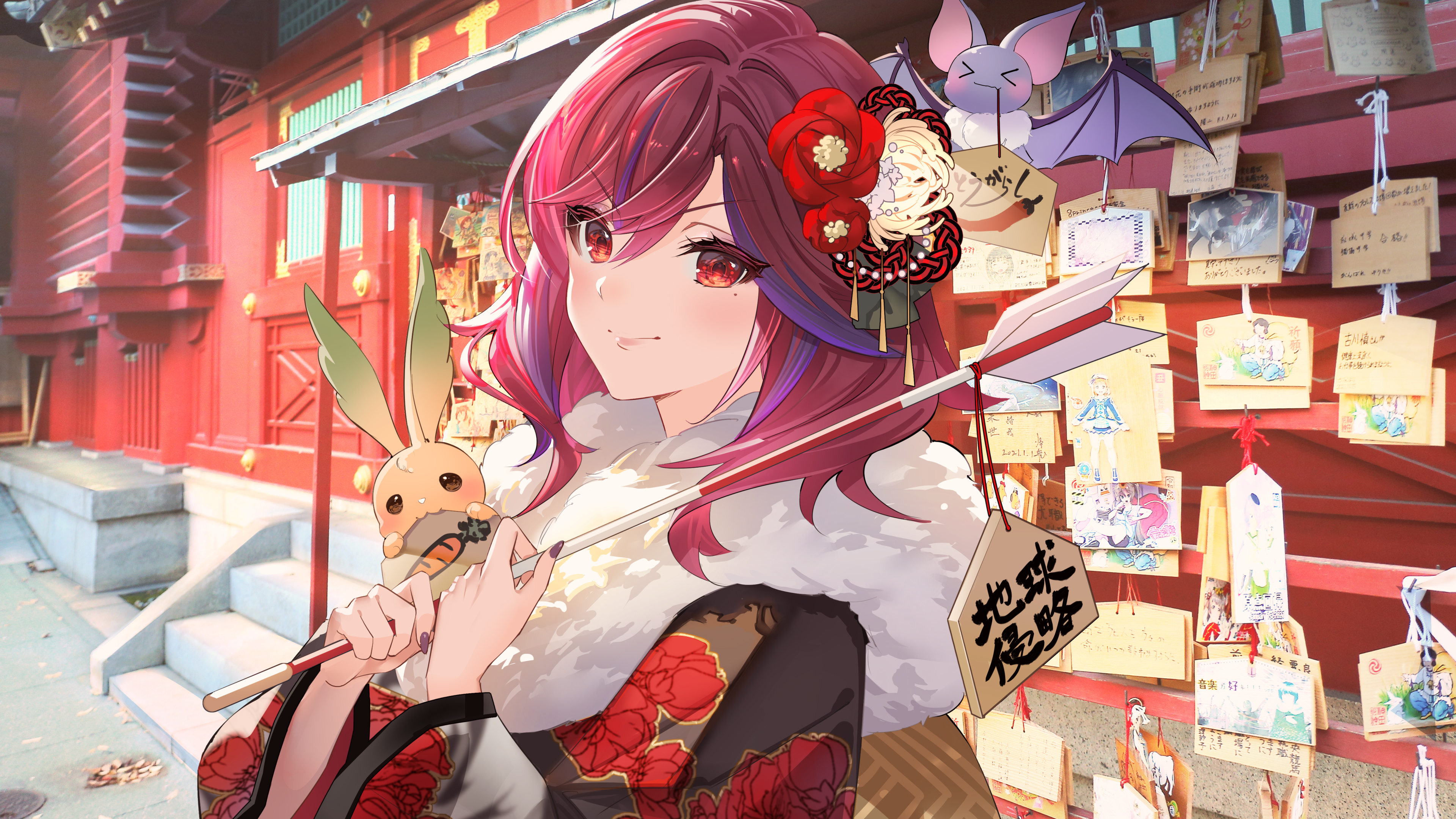 Anime Anime Girls MNCR Artwork Virtual Youtuber New Year Redhead Red Eyes Japanese Clothes Rose 3840x2161