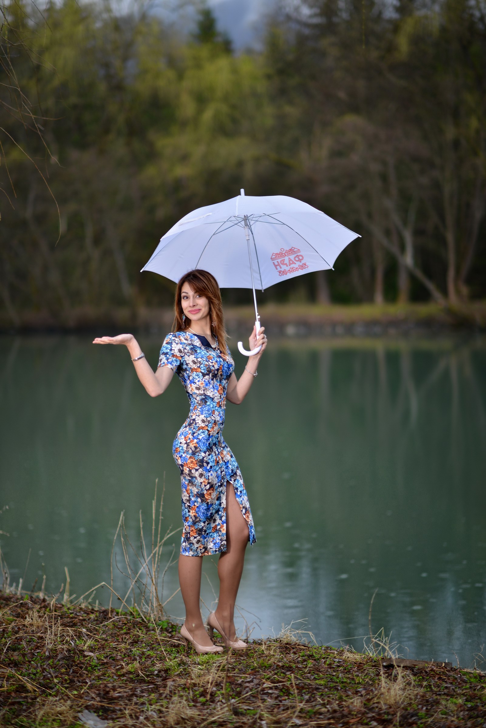 Vladimir Kulakov Women Umbrella Brunette Dress Flower Dress Lake High Heels 1601x2400
