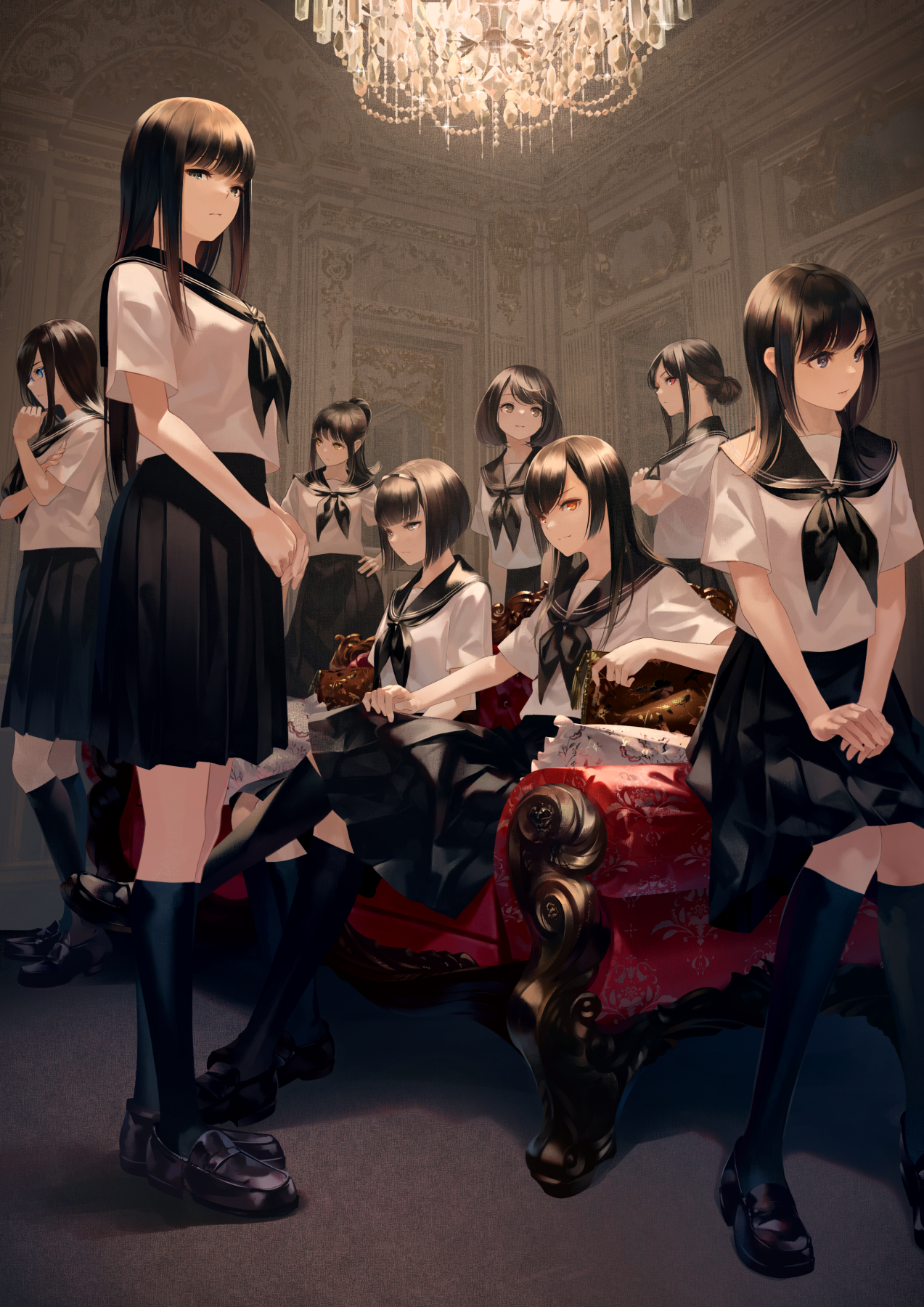 Anime Anime Girls Black Hair School Uniform Skirt Black Skirts Sitting Original Characters Artwork S 1273x1800