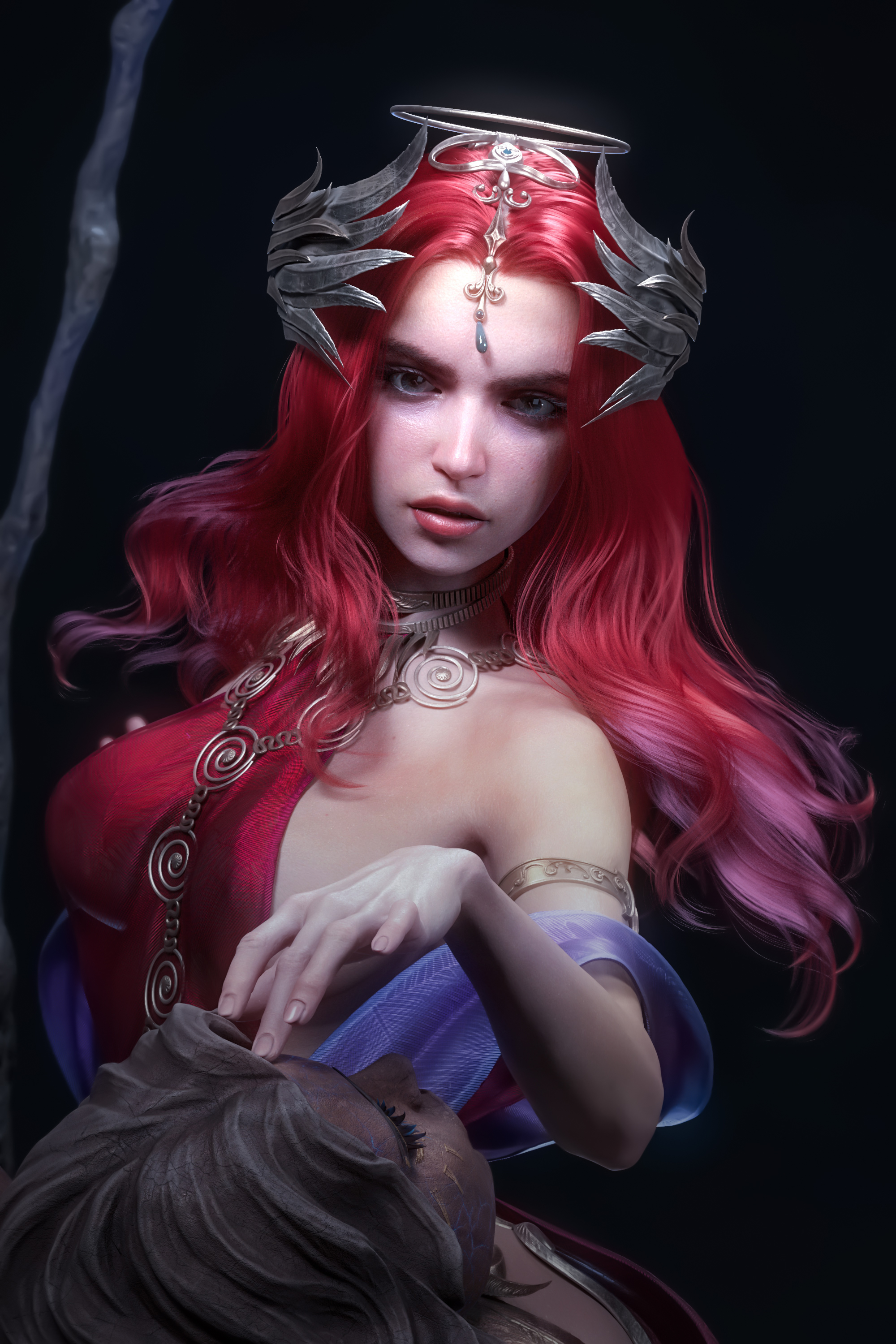 CGi Women Redhead Long Hair Jewelry Two Women Dress Red Clothing Fantasy Art Simple Background 2000x3000