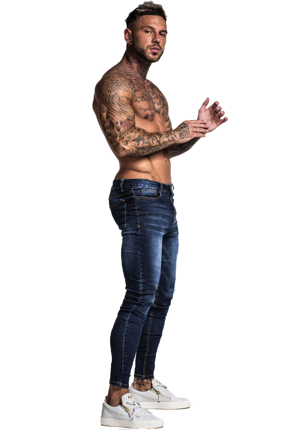 Pants Jeans Men Model Shirtless Tattoo Sneakers Studio 1001x1500
