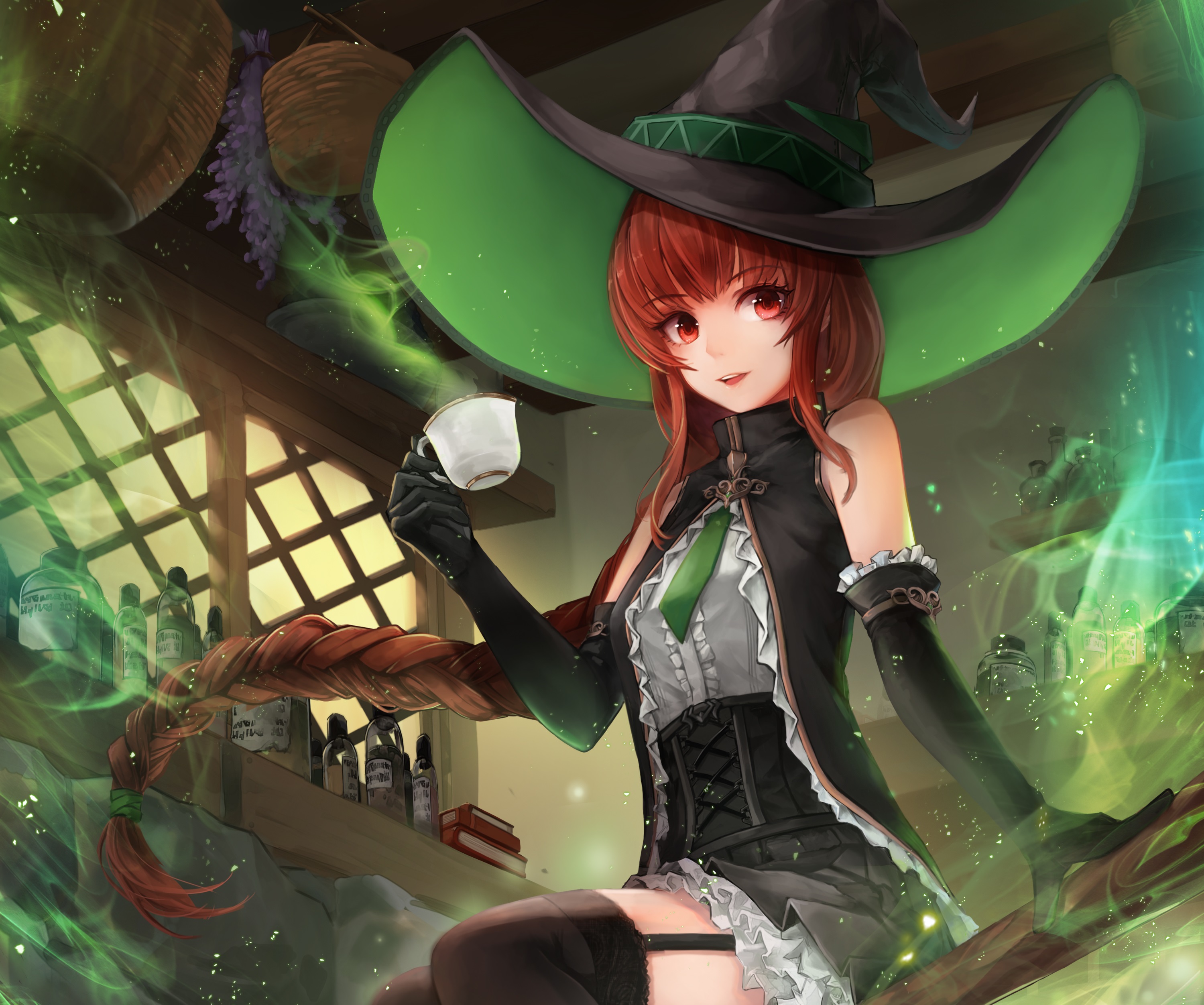 Hat Witch Teacup Long Hair Red Hair Red Eyes Tie Smile Glove 3000x2504