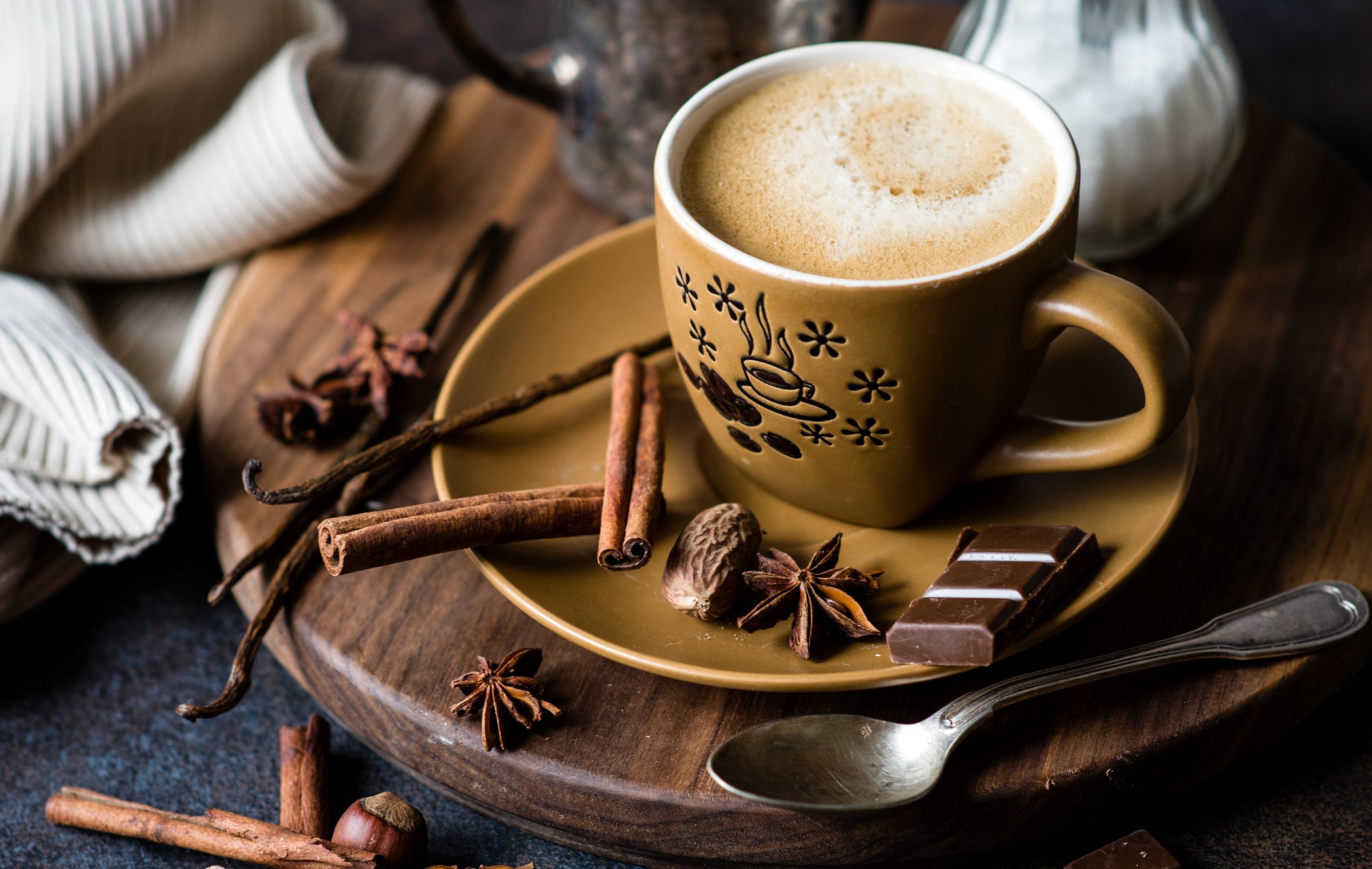 Chocolate Cinnamon Coffee Cup Star Anise Still Life 2100x1331