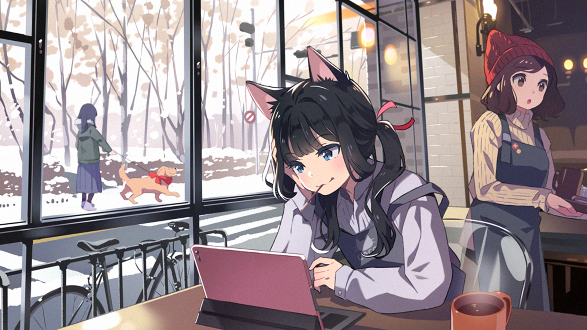 Anime Anime Girls Original Characters Cafe Animal Ears Black Hair Blue Eyes Laptop Window Sitting 1920x1080