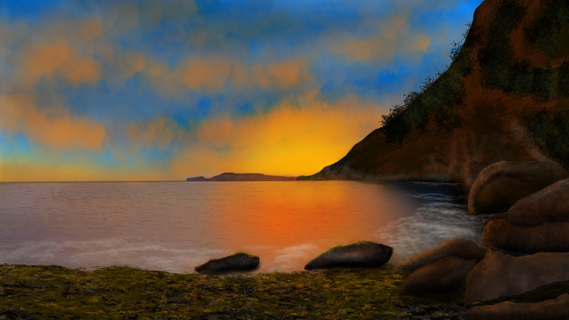 Digital Painting Nature Shoreline 1920x1080