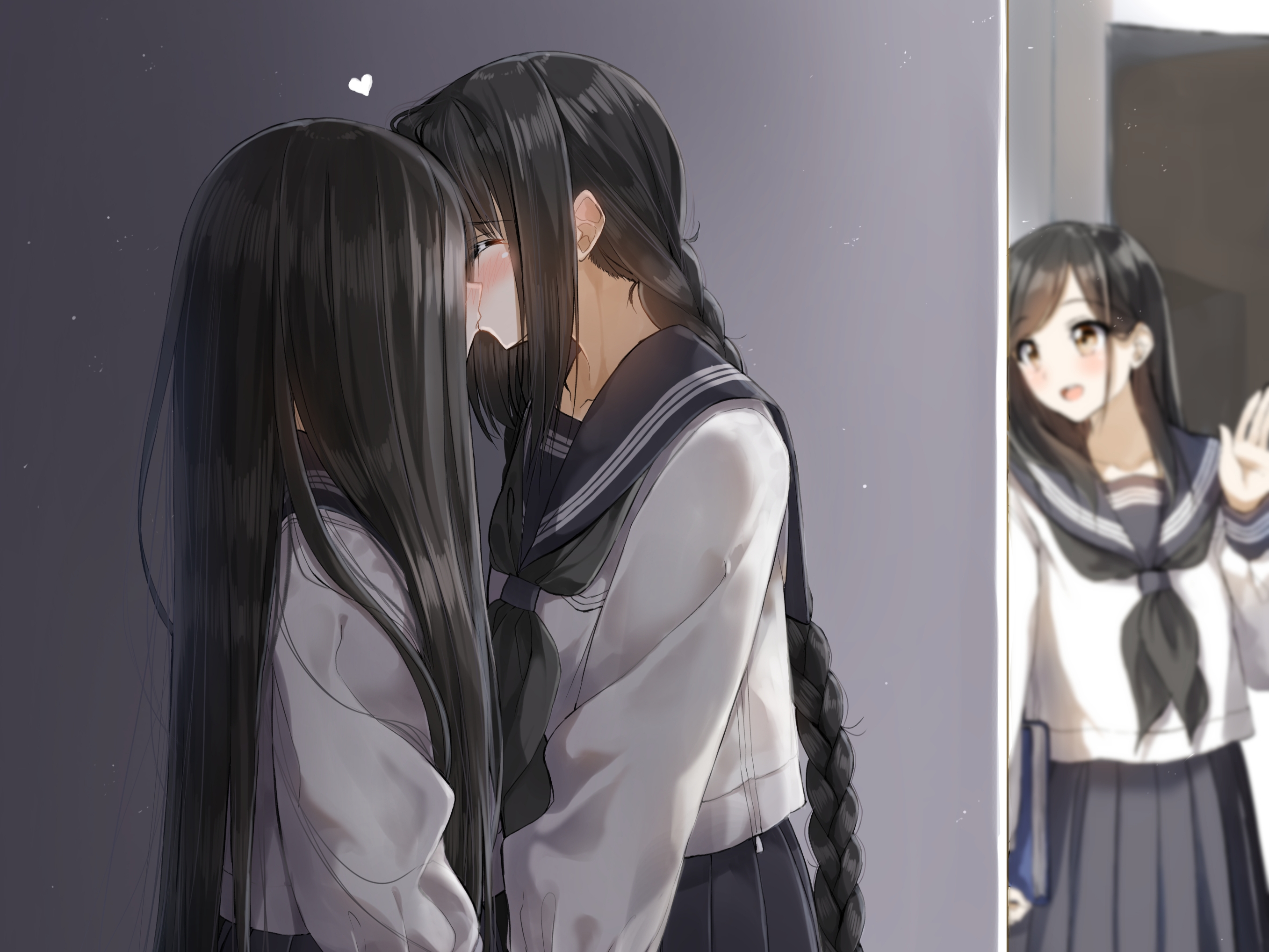 Anime Anime Girls Original Characters School Uniform Kissing Long Hair Cropped Artwork RailgunKy 2714x2036