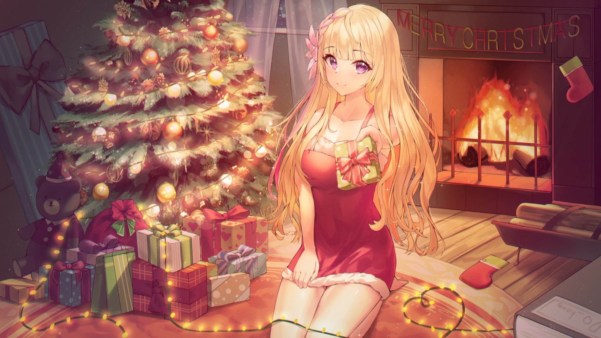 Anime Anime Girls Wakum Artwork Christmas Christmas Tree Christmas Dress Dress Presents Blonde Purpl 1920x1080
