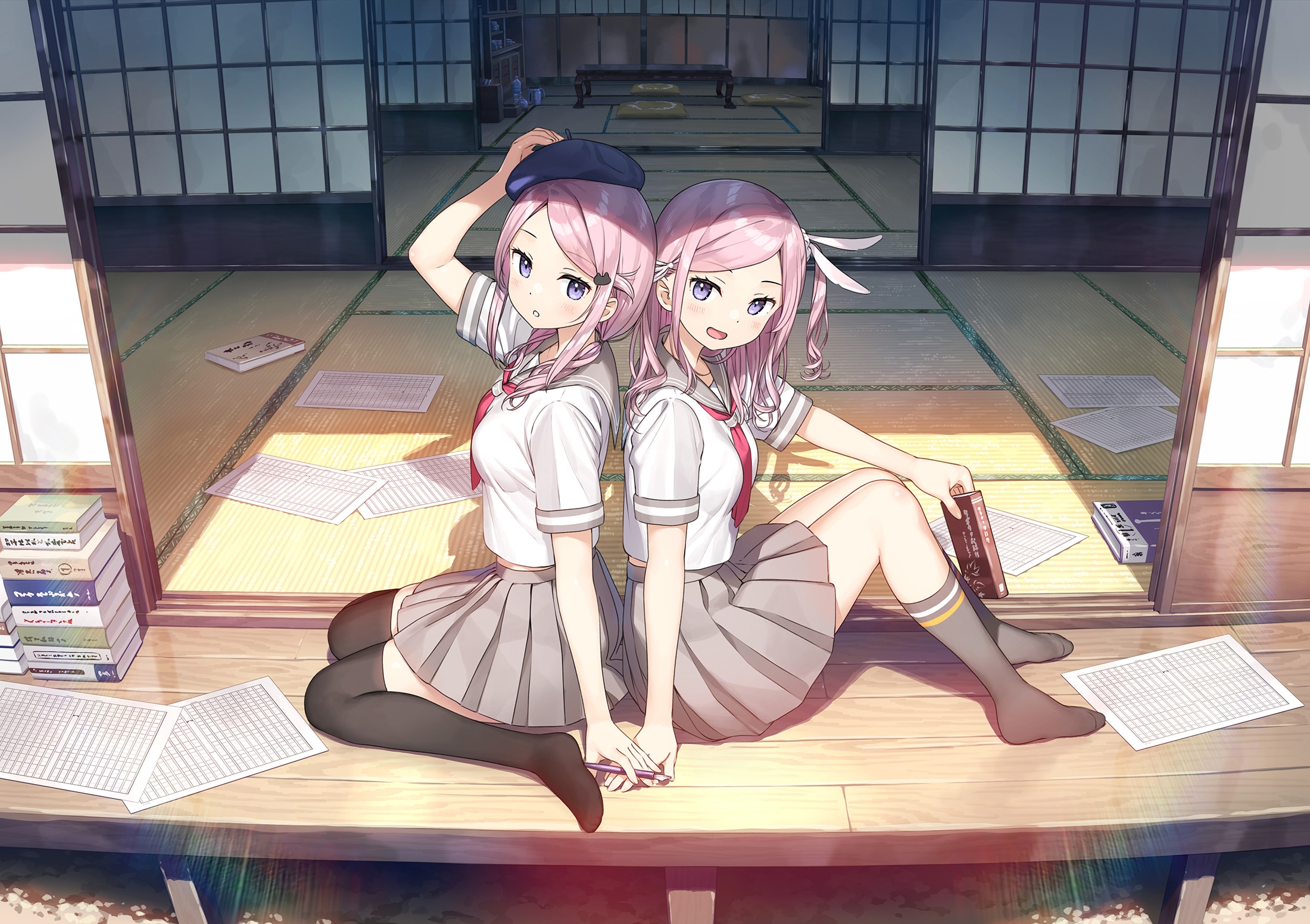 Anime Anime Girls Artwork Kantoku Purple Eyes Pink Hair Twins School Uniform 2200x1552
