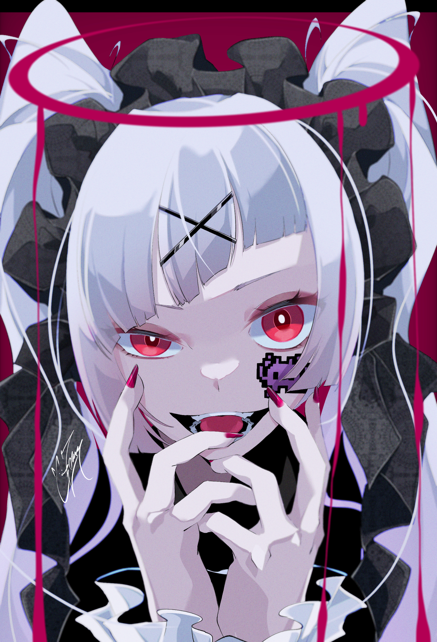 Anime Girls Anime Face Closeup Open Mouth Looking At Viewer Painted Nails Red Nails Red Eyes Hands 1700x2500