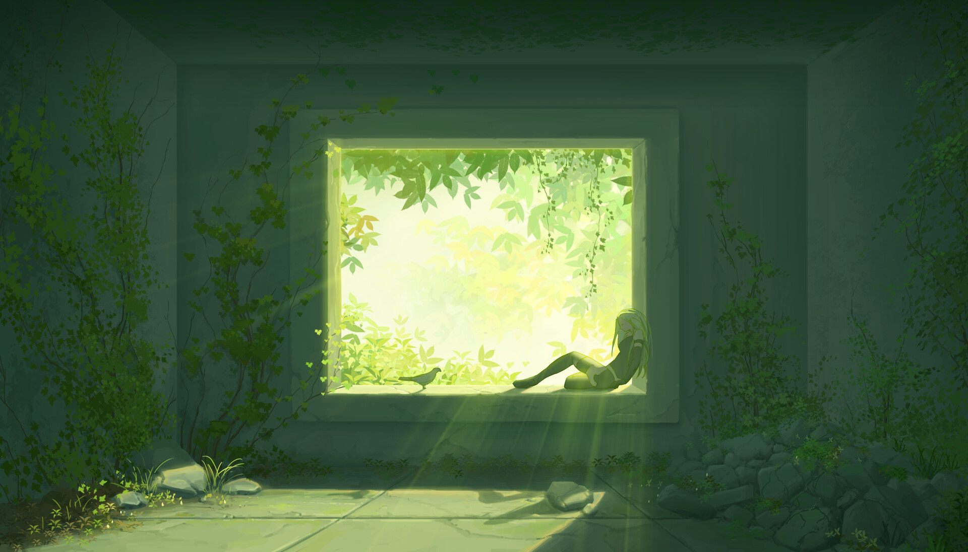 Liuying JP Digital Art Fantasy Art Birds Sunlight Alone Rocks Moss Window Ledge Nier Automata A2 Nie 1920x1096