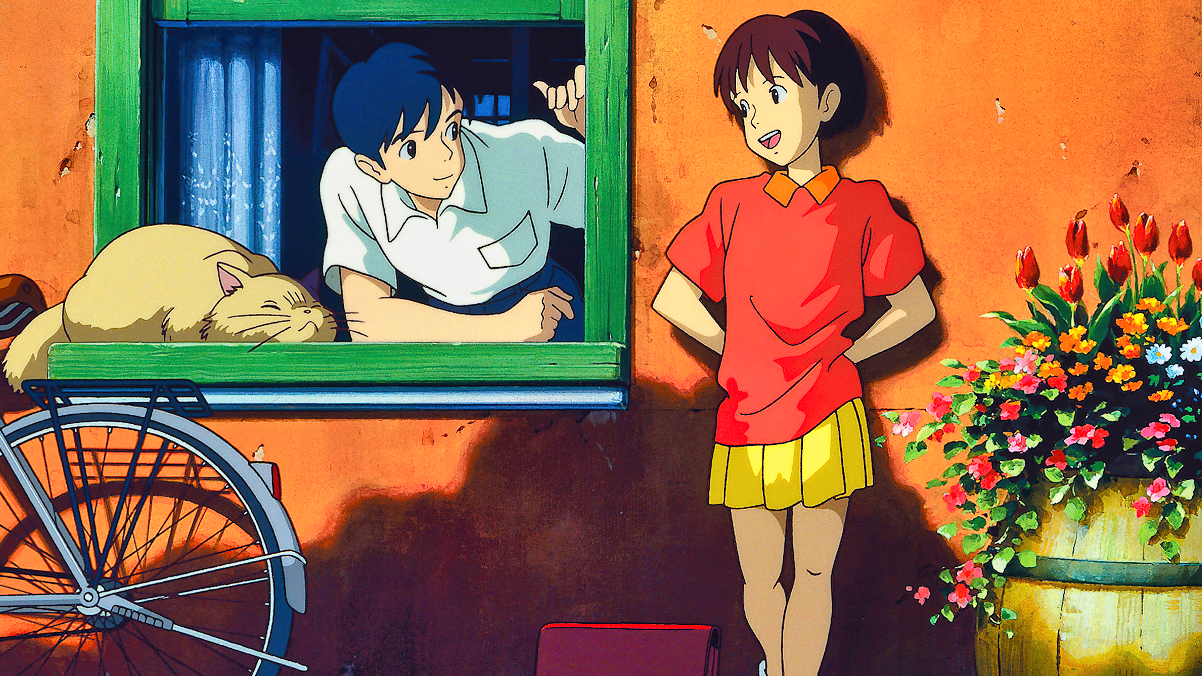 Miyazaki Hayao Anime Anime Girls Anime Boys Cats Animals Bicycle Flowers Skirt Open Mouth Wall Windo 3840x2160