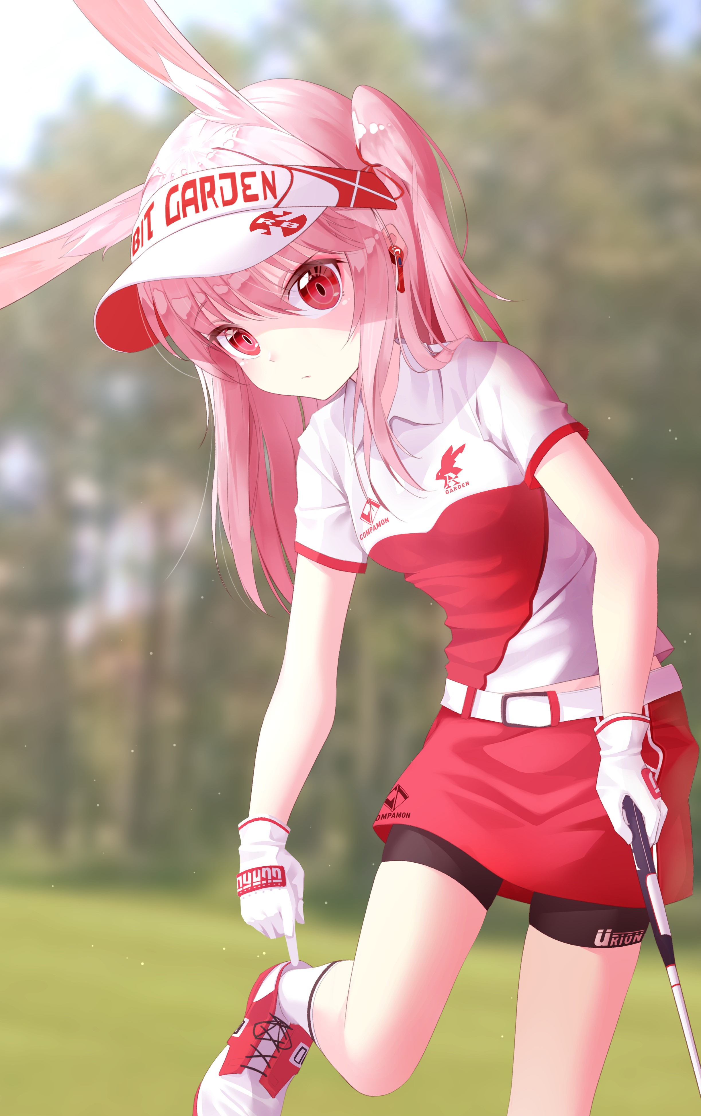 Anime Anime Girls 2D Digital Art Looking At Viewer Pink Hair Sports Cap Golf Skirt Red Eyes 2446x3894