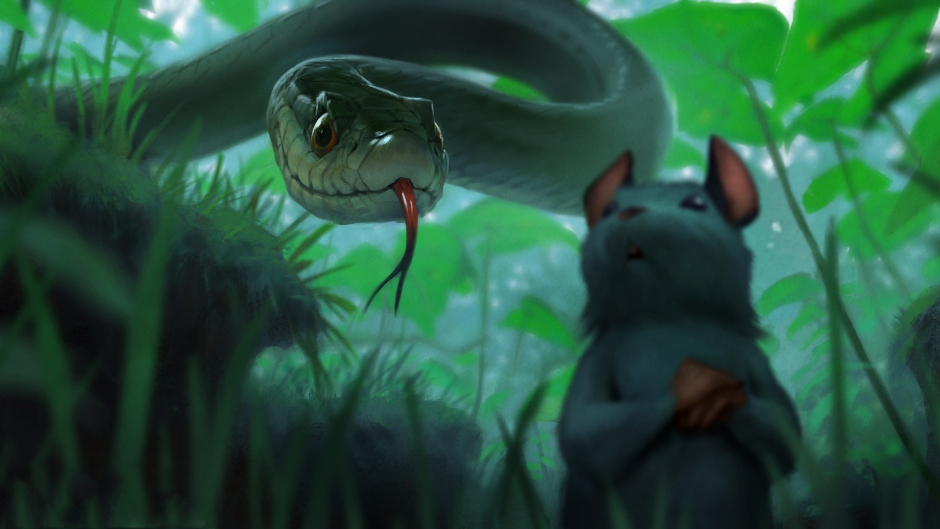 Snake Mice Green Grass Dangerous Hunting Digital Art Animals 1920x1080