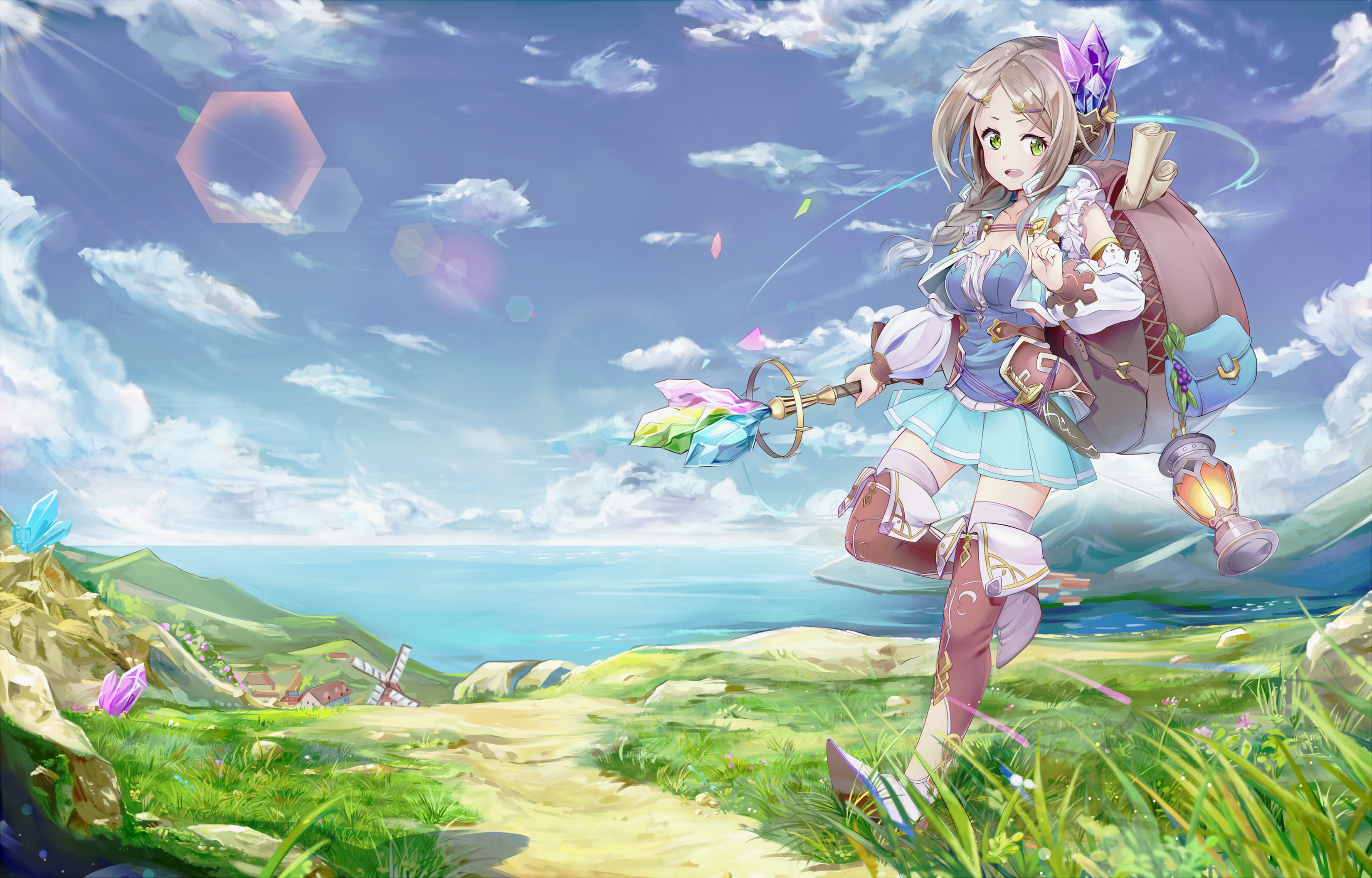 Anime Anime Girls Original Characters Sky Clouds Sea Landscape Backpacks Brunette Green Eyes 3300x2111