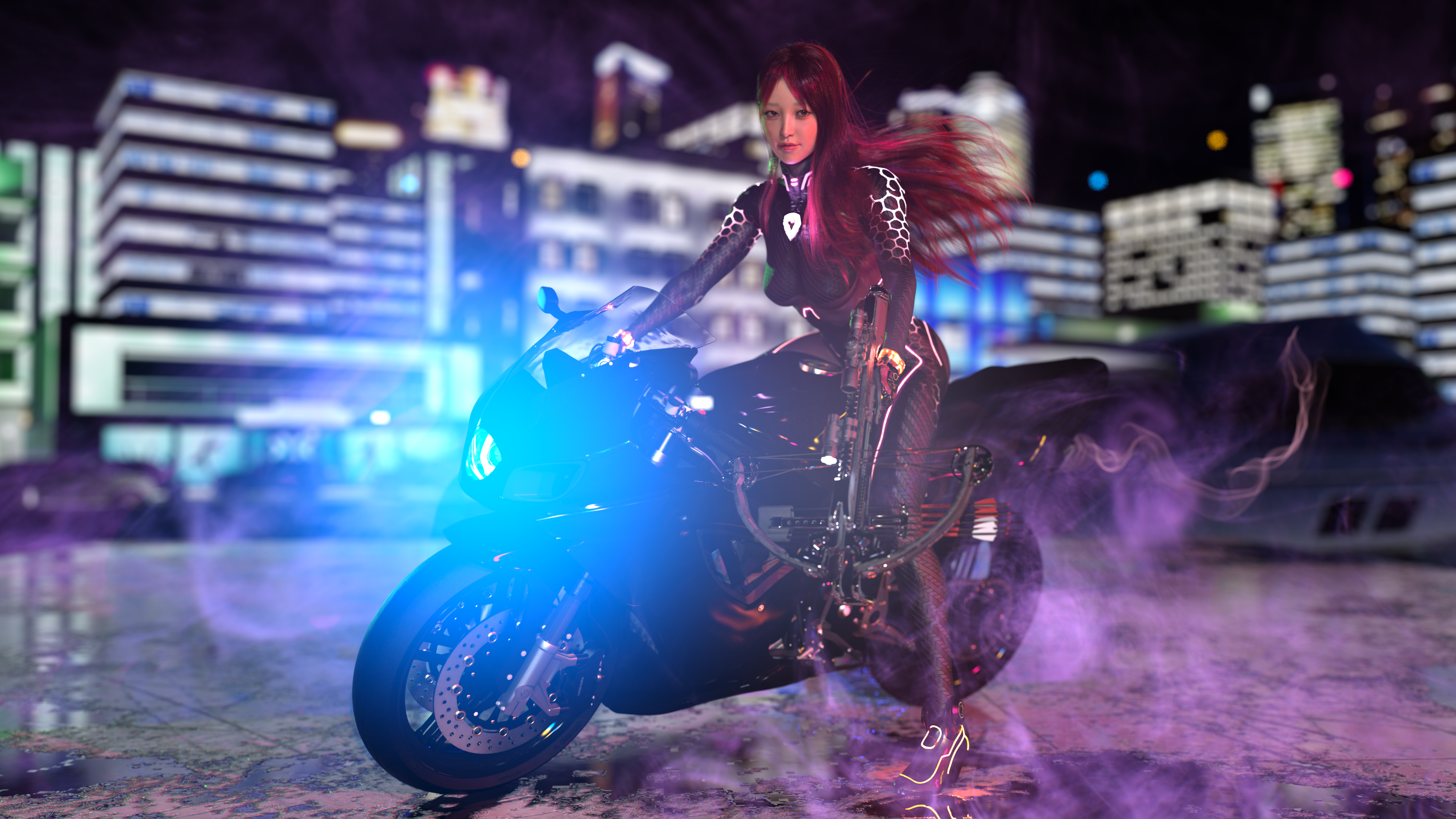 Women Asian City Lights Building Motorcycle Women With Motorcycles Original Characters Crossbow Cros 3840x2160