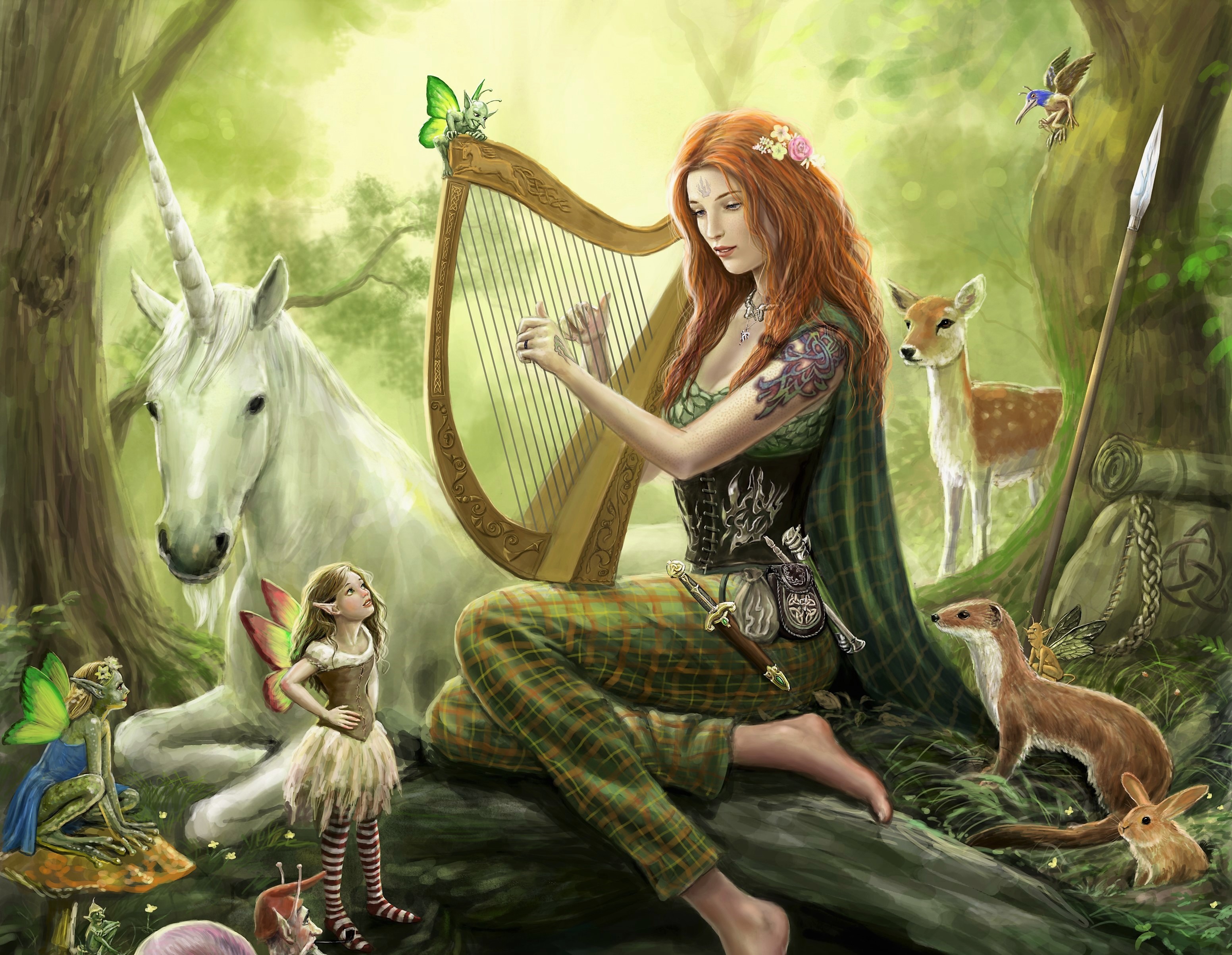 Artistic Fairy Harp Unicorn Animal Tattoo Redhead Barefoot 3104x2407