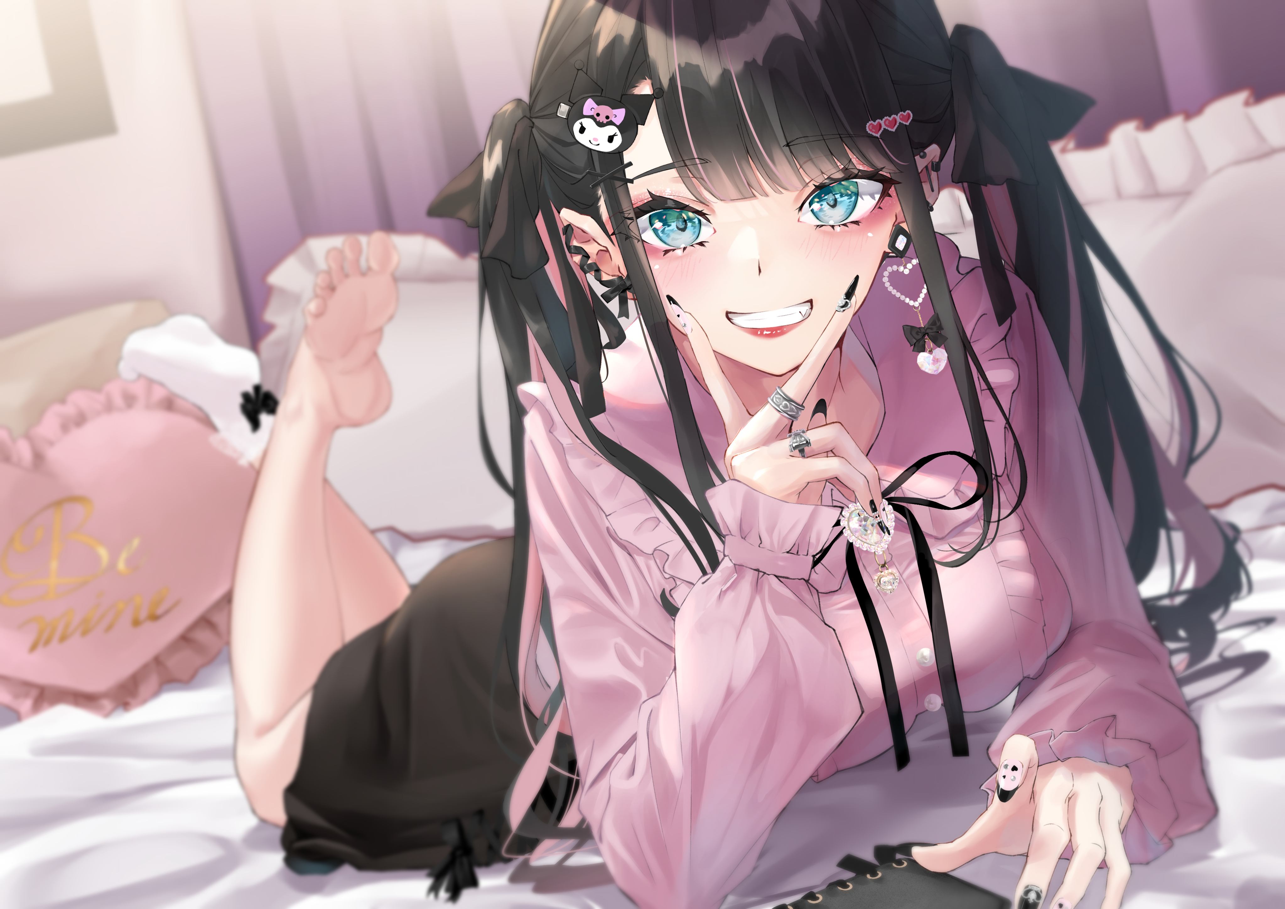 Mirea Anime Anime Girls Barefoot Legs Feet In Bed Black Hair Twintails Aqua Eyes Grin 4093x2894
