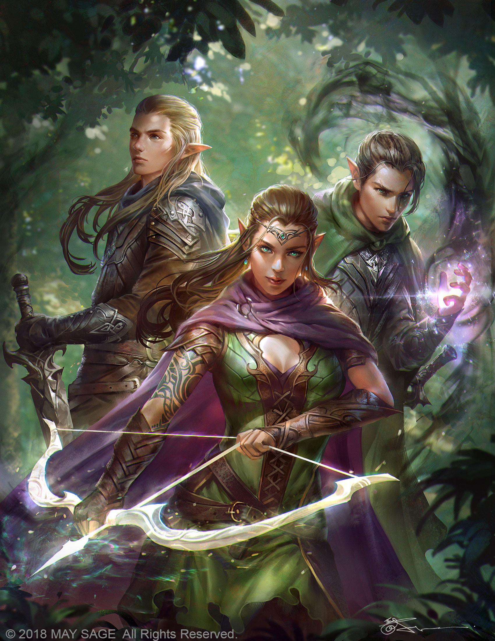 Jeremy Chong Drawing Women Men Elves Cape Weapon Bow Sword Spell Forest Fantasy Art Green Eyes Tiara 1699x2200