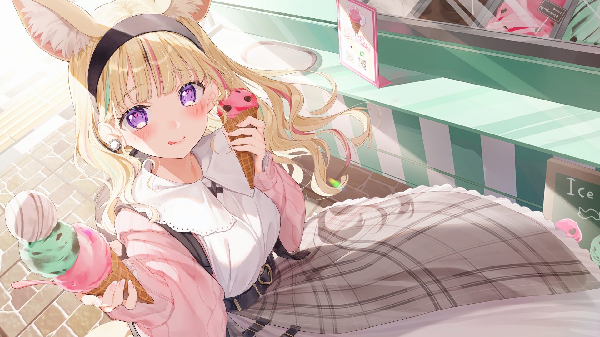 Anime Anime Girls Ice Cream Food Sweets Tongues Tongue Out Purple Eyes Blonde Animal Ears Looking At 1920x1080