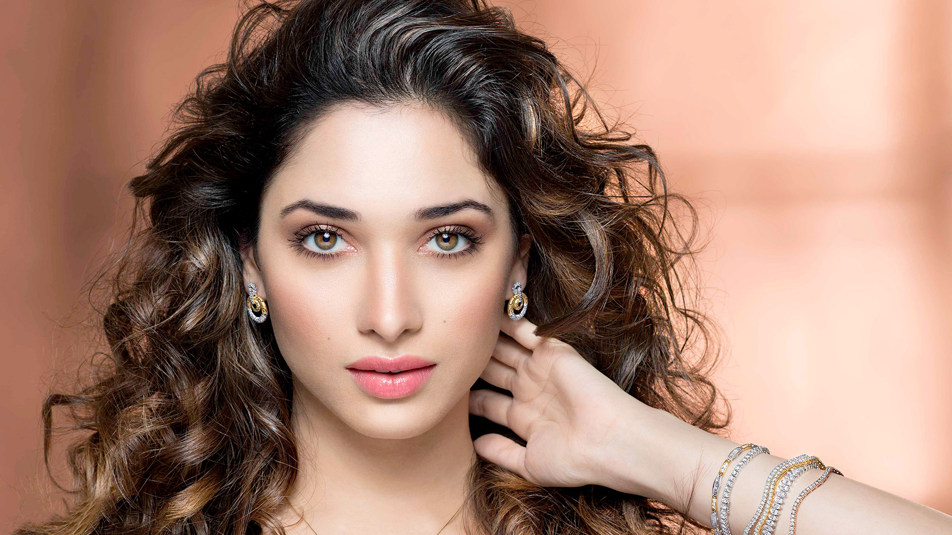 Model Actress Face Red Lipstick Hands In Hair Studio Indian Model Tamannaah Bhatia Women 1920x1080