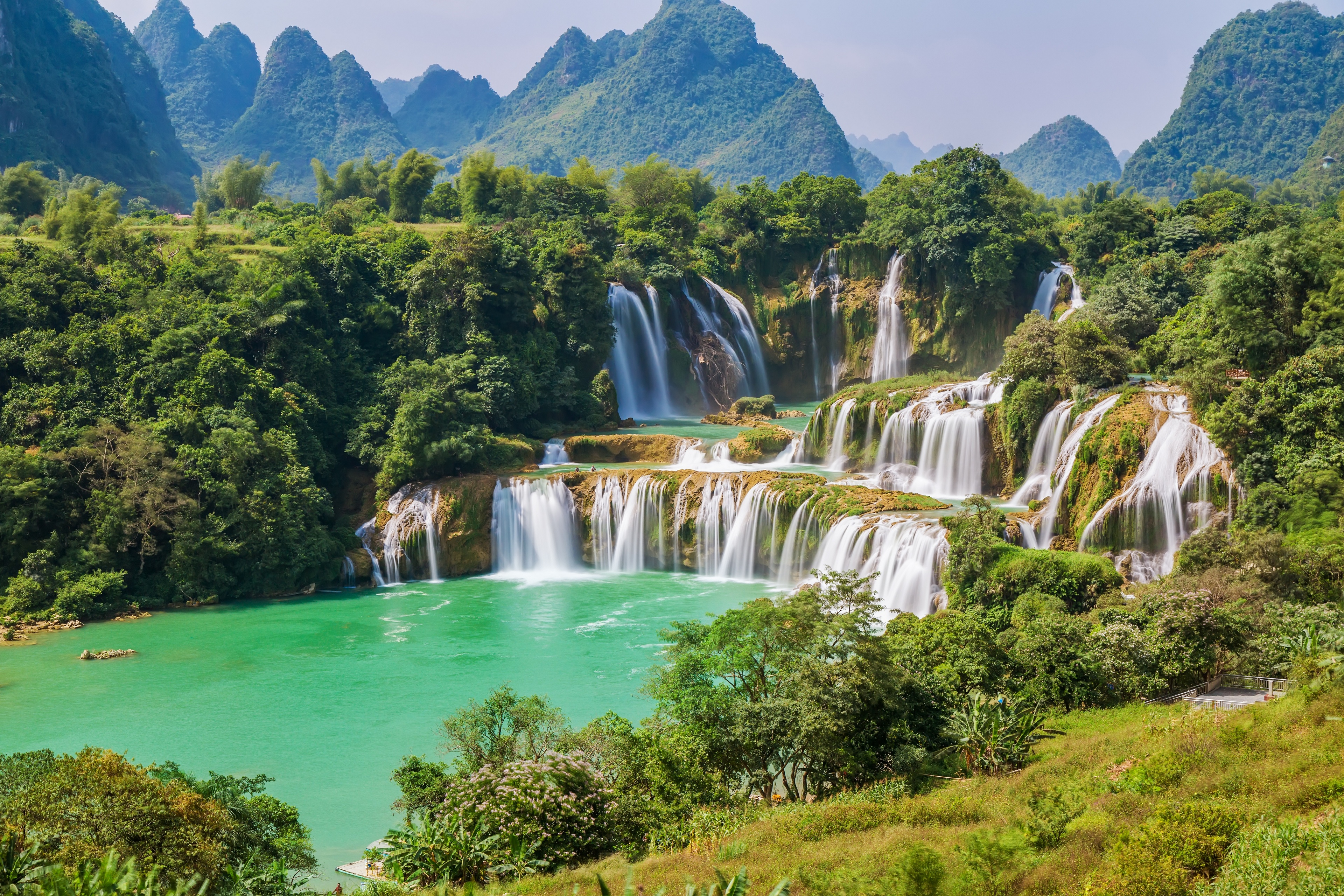 Nature Landscape River Forest Sky Detian Falls Mountains Vietnam Trees Quay S N River Waterfall 3840x2560