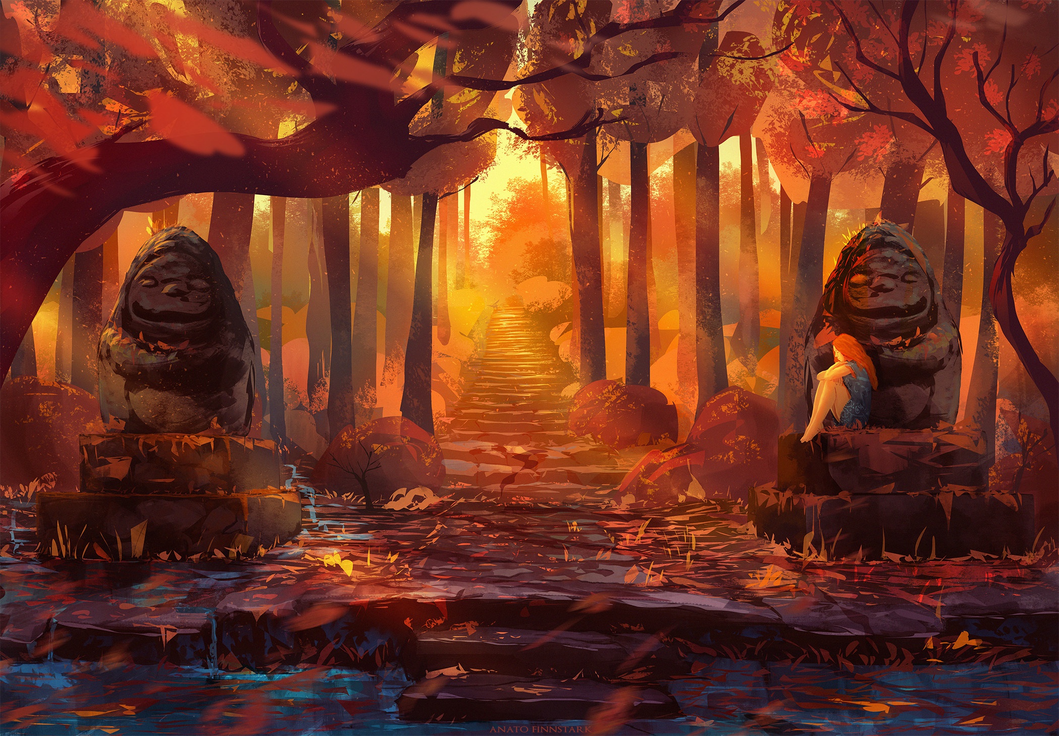 Fall Forest Statue Path 2100x1460