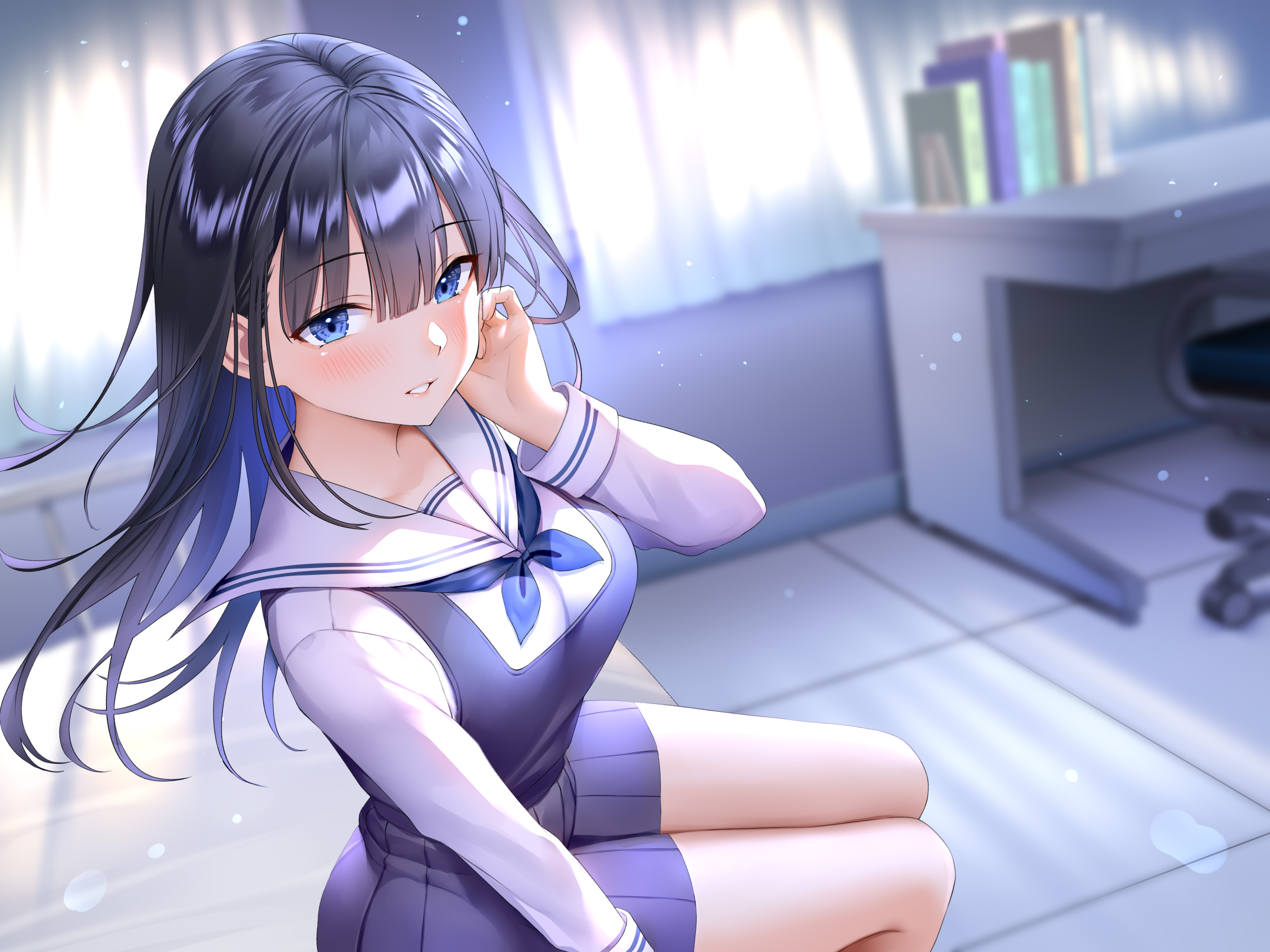 Anime Anime Girls Shimashima08123 Artwork Dark Hair Blue Eyes Blush School Uniform 2800x2100