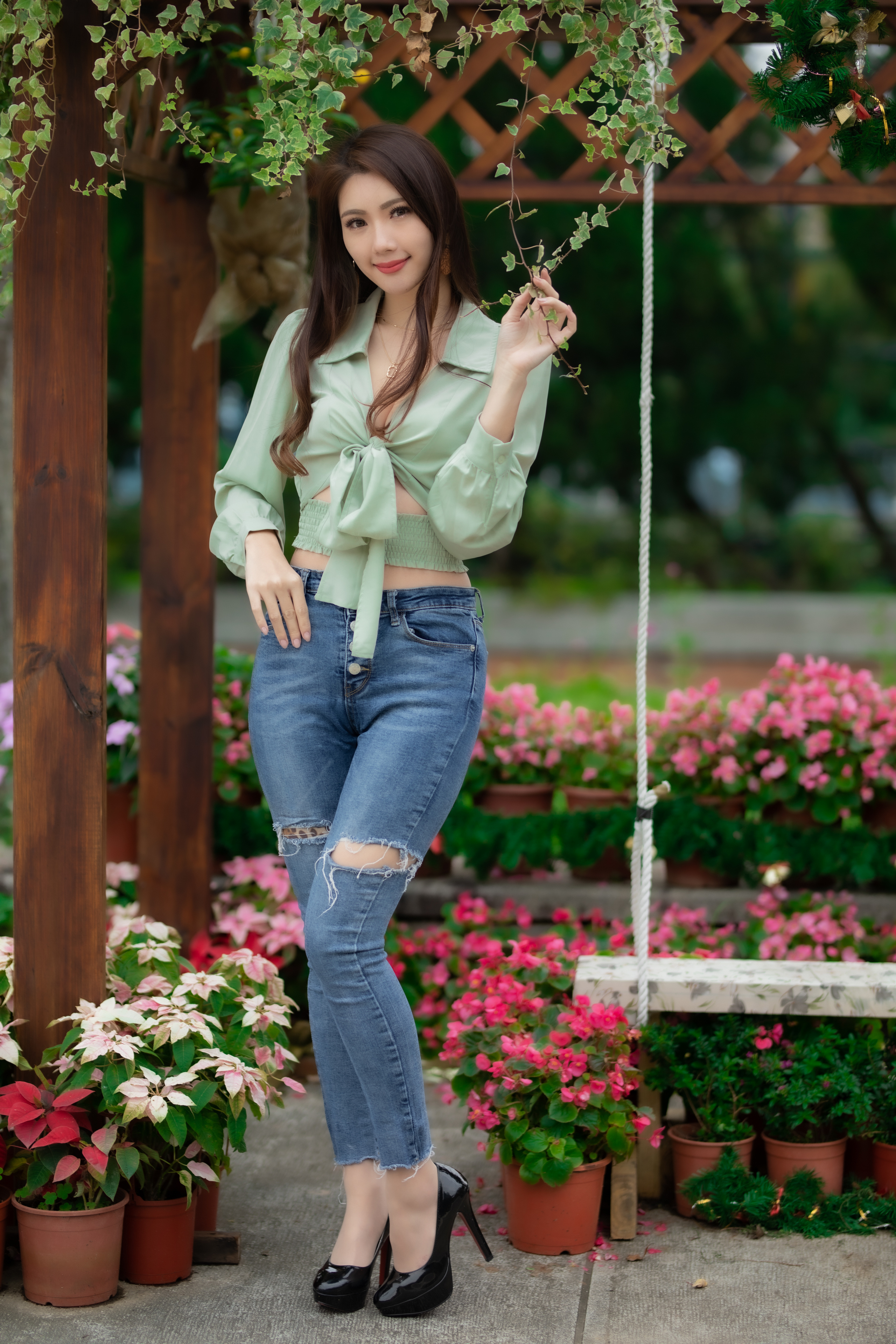Asian Model Women Women Outdoors Long Hair Brunette Depth Of Field Jeans Blouse Earring Black High H 2560x3840