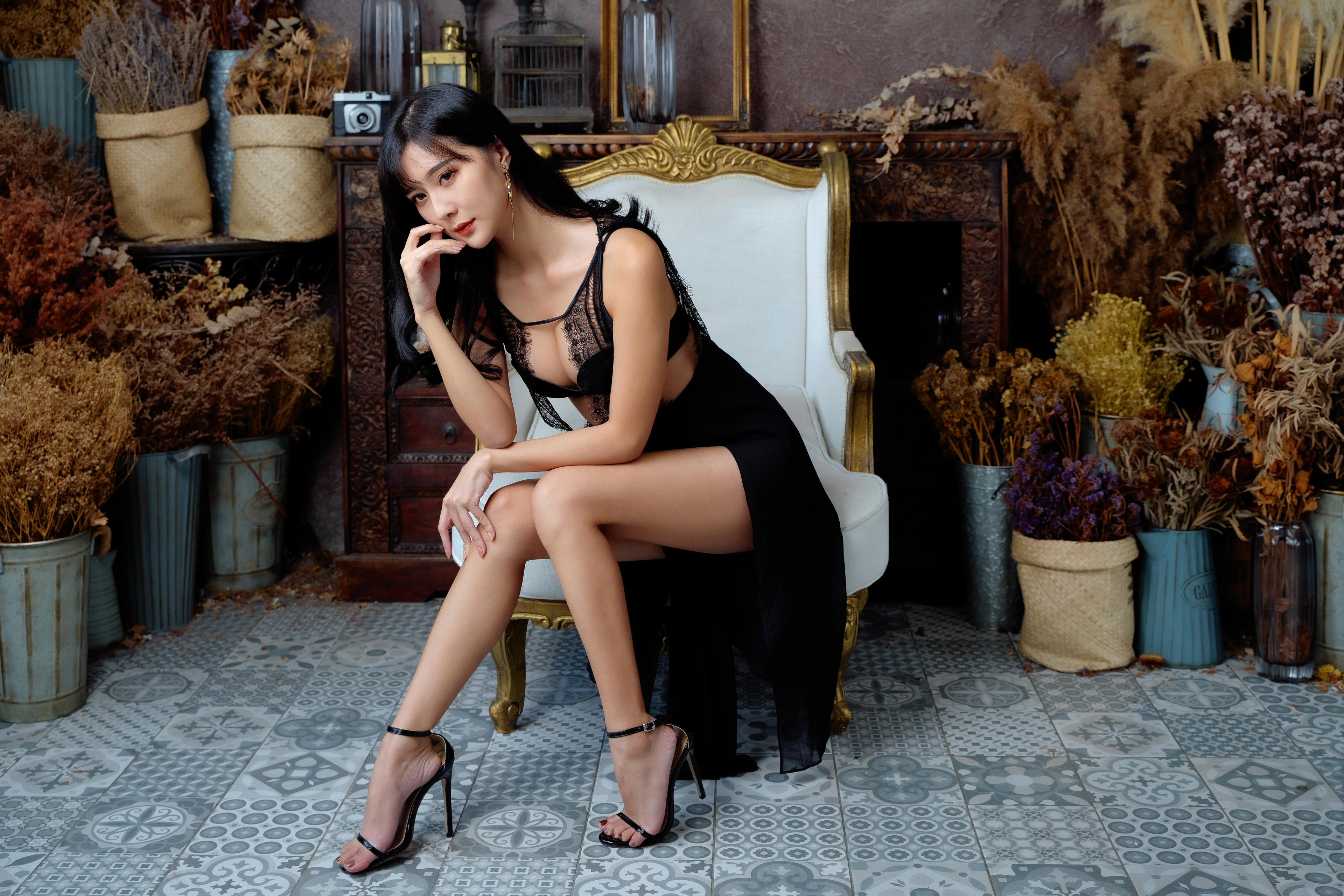 Asian Model Women Women Indoors Long Hair Dark Hair Black Dress Barefoot Sandal Heels Sitting Earrin 3840x2560
