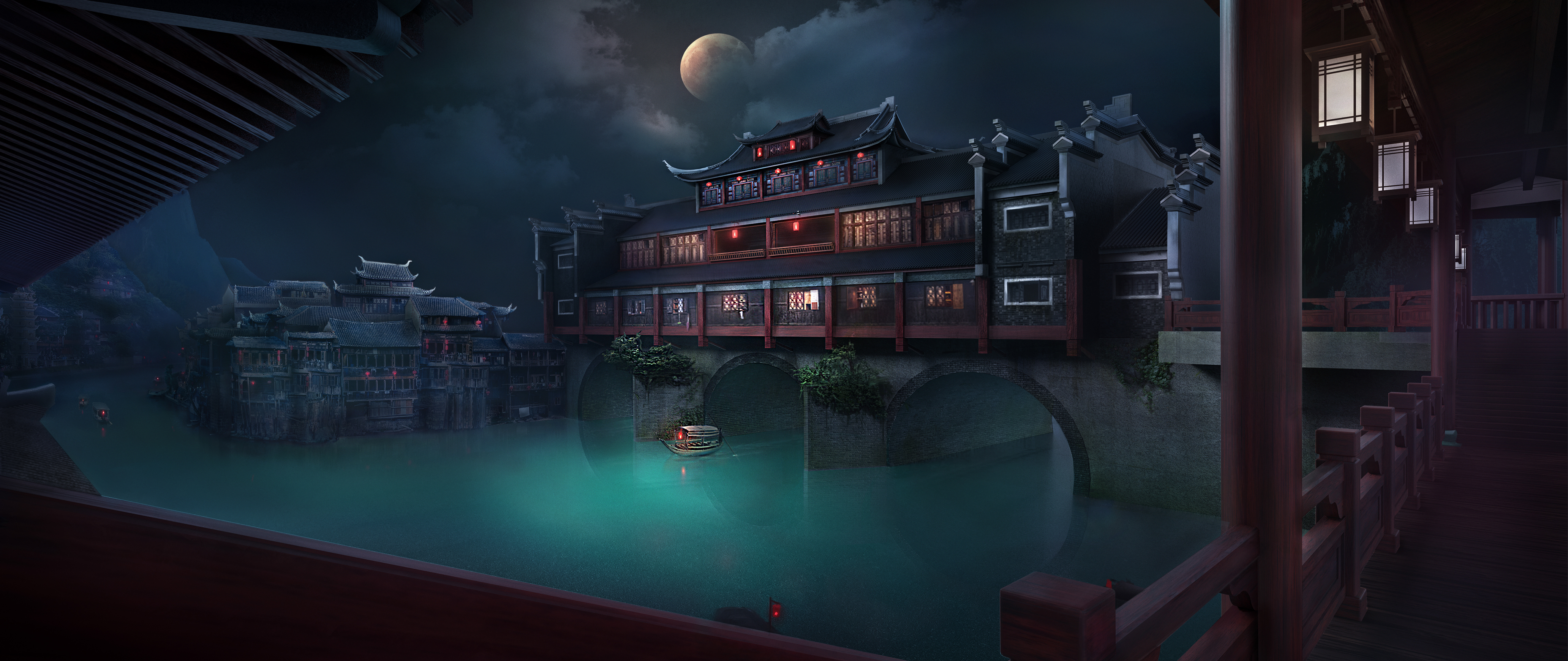 Ferry Water Moon Phases Asian Architecture Night 4128x1740