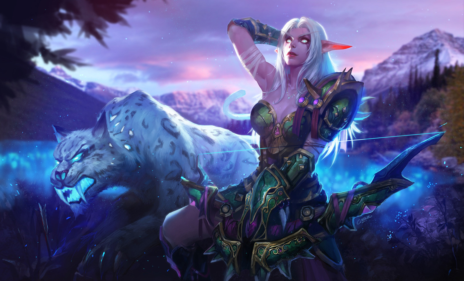 Artwork Fantasy Art Women Elves Tiger White Tigers World Of Warcraft 1600x971