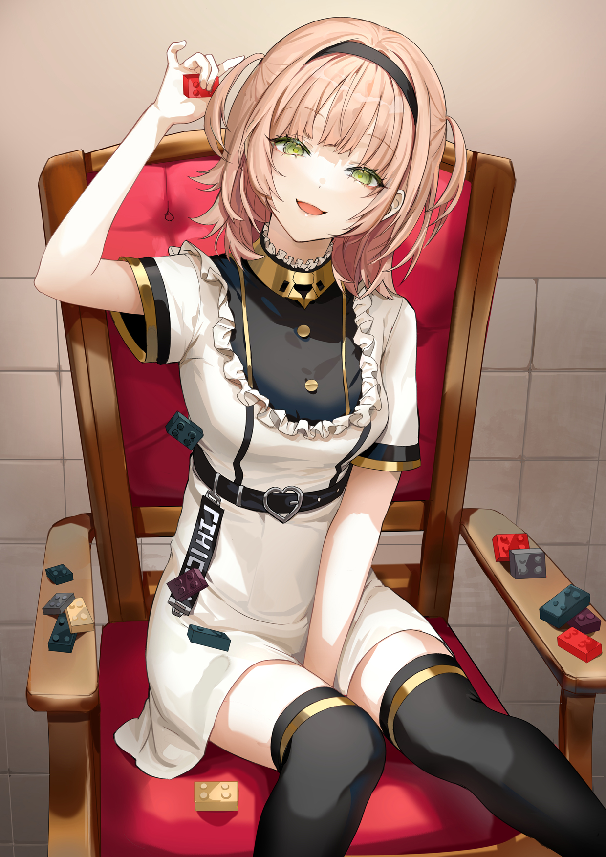 Anime Anime Girls Lloule Pixiv Green Eyes Knees Together Arms Up LEGO Toys Sitting Open Mouth Women  1240x1754
