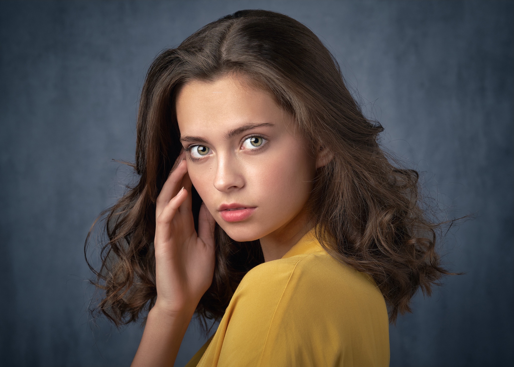 Sergey Gorshenin Women Lera Rubtsova Brunette Green Eyes Yellow Clothing Portrait Simple Background 2048x1463