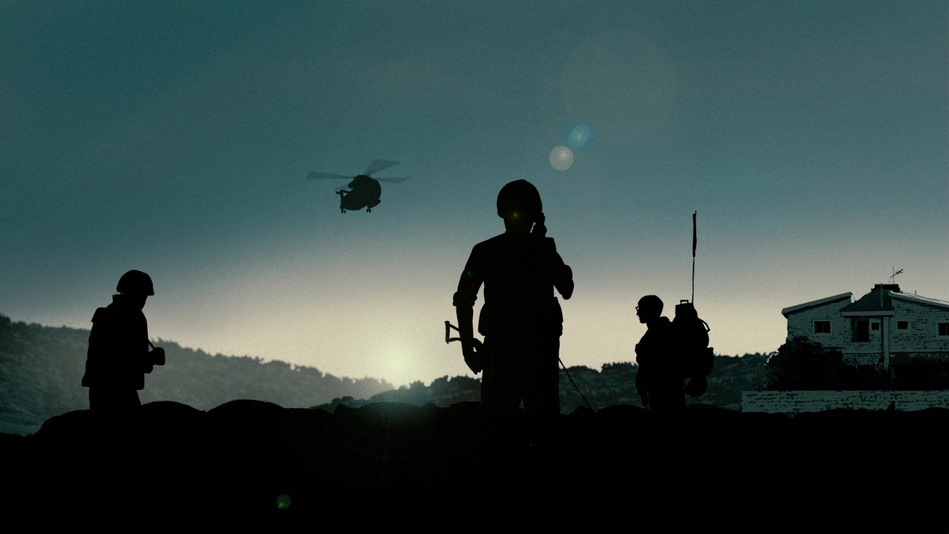 Soldier Silhouette Helicopters Dawn Lens Flare Military 1920x1080