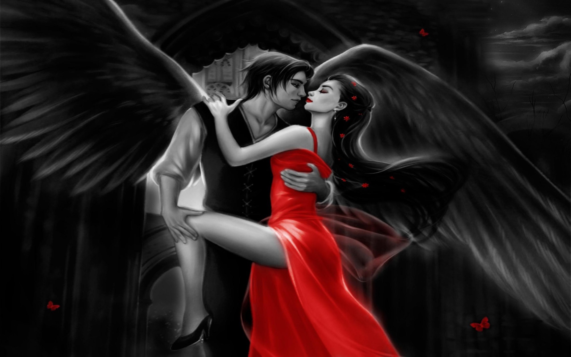 Dark Dancing Couple Romantic Love Red Dress 1920x1200