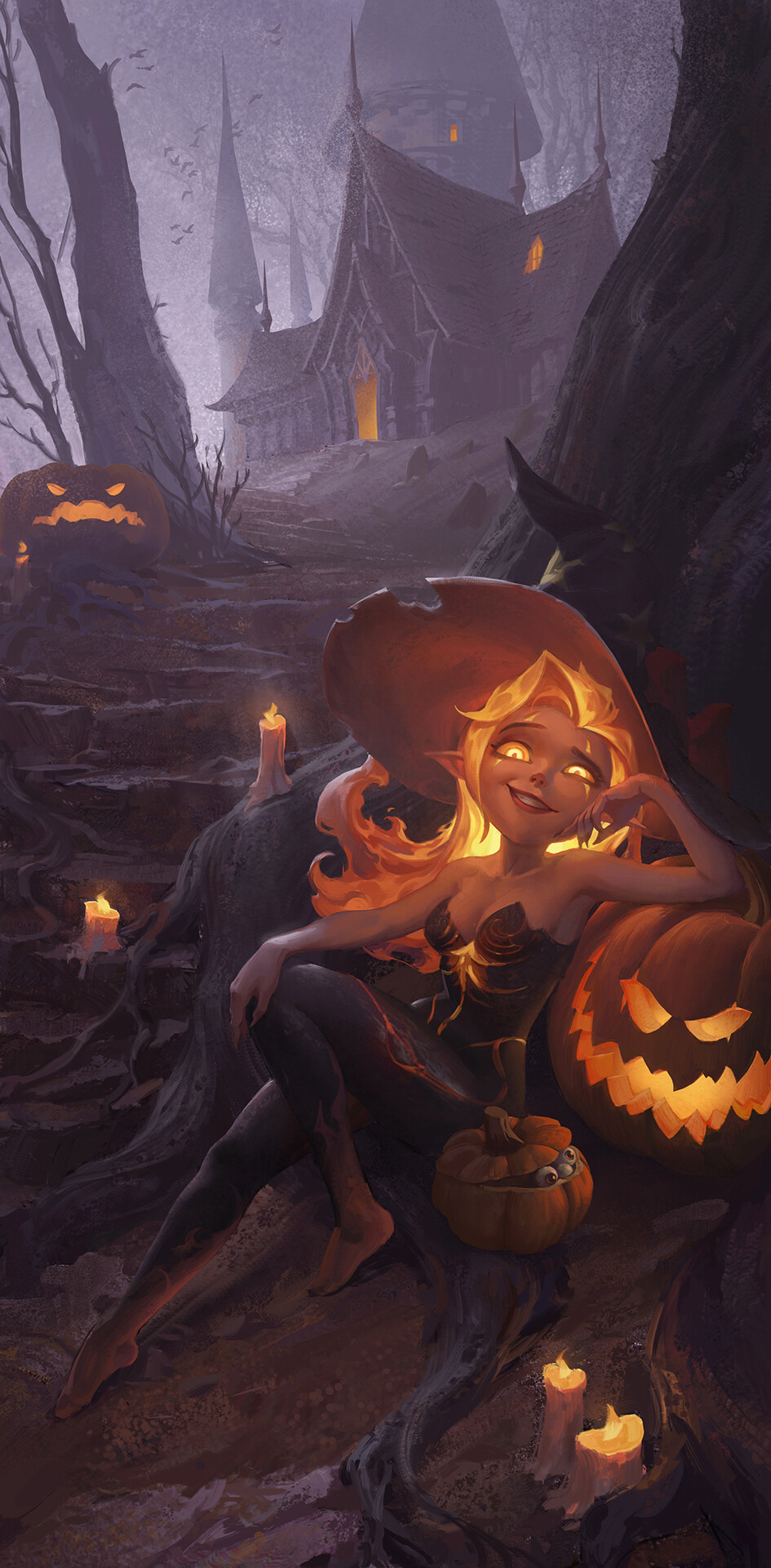 Xin Jin Halloween Fantasy Art Fantasy Girl Pumpkin Glowing Eyes Artwork ArtStation 945x1920
