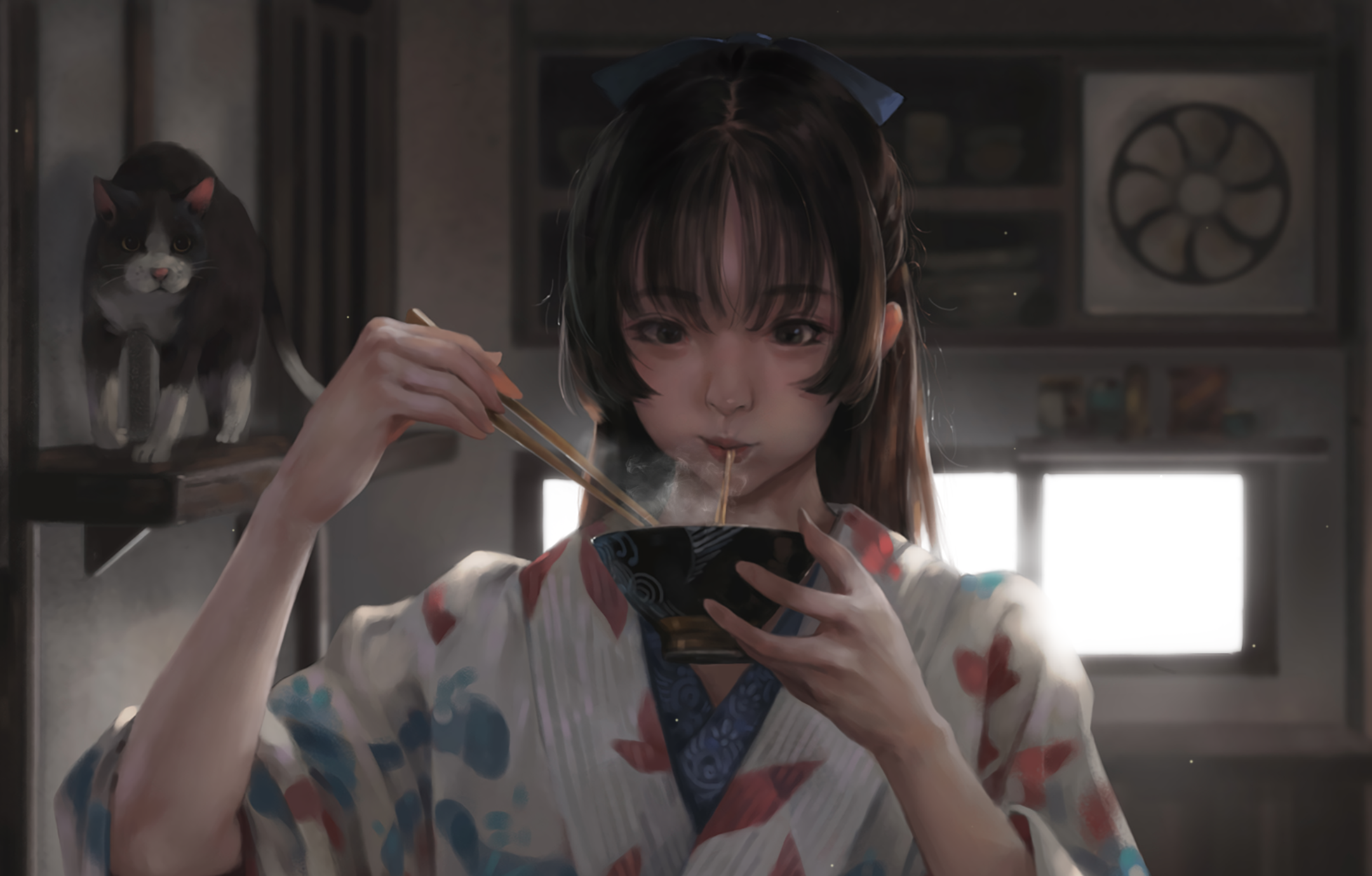 Anime Girls Eating Taejune Kim Artwork Cats Japanese Clothes Asian 2160x1379