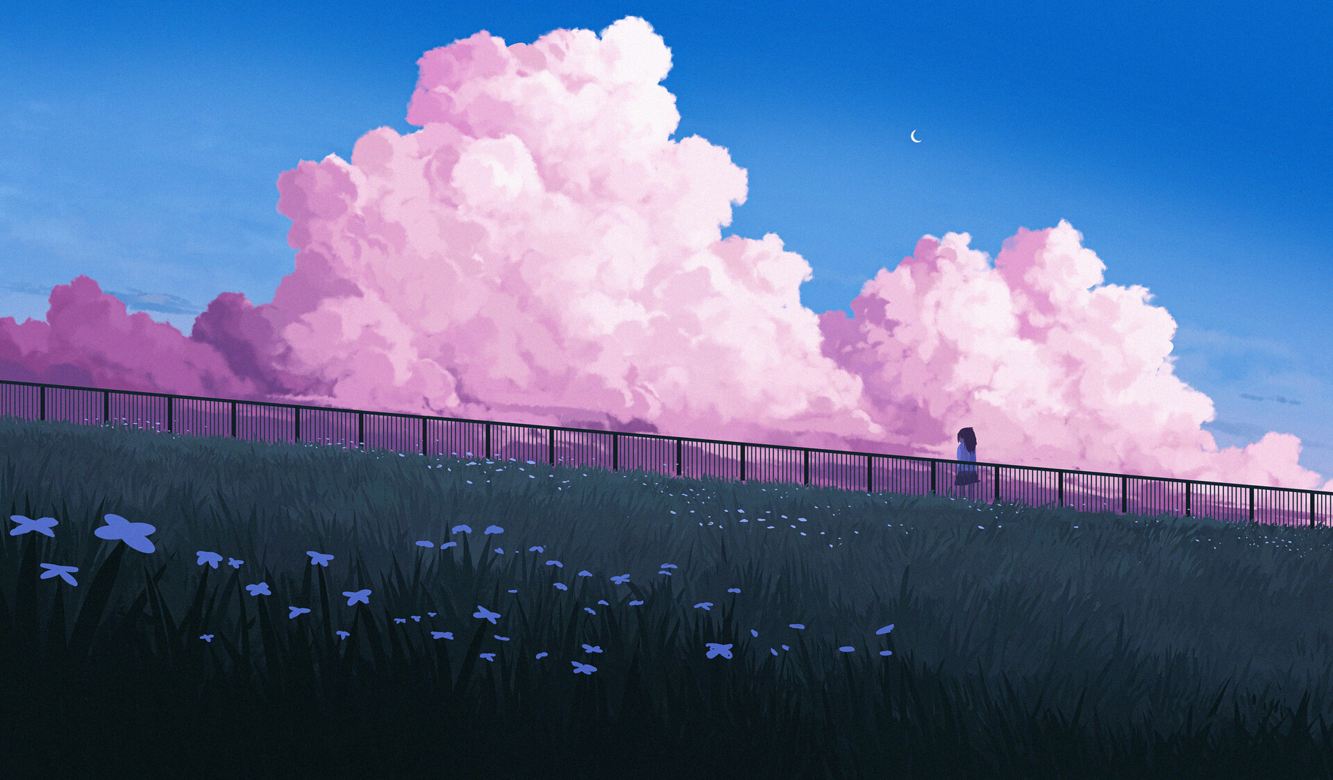 Gavryl Digital Art Clouds Pink Flowers Alone Moon 1920x1124