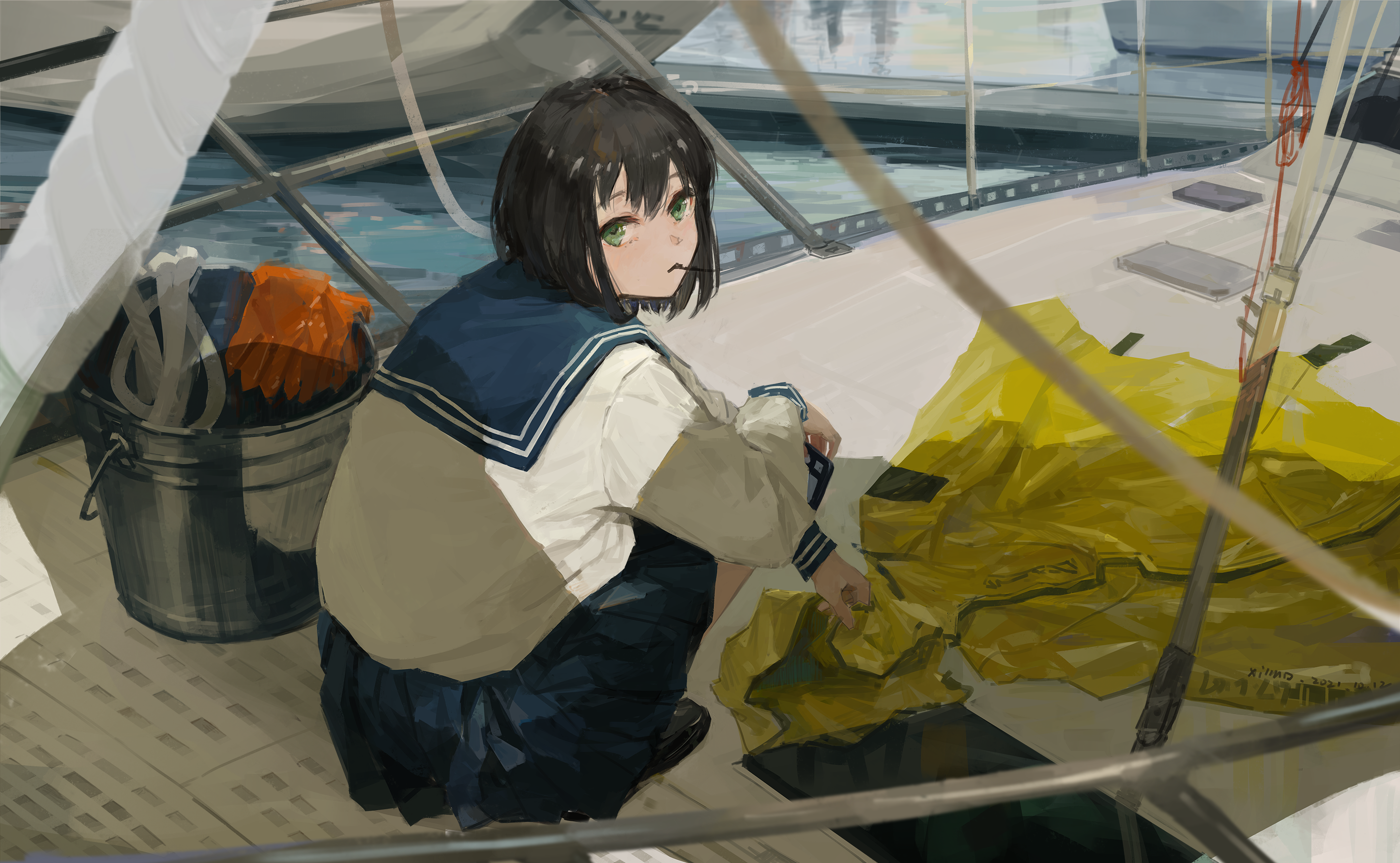 Anime Anime Girls Black Hair Green Eyes Boat Vehicle Looking At Viewer Artwork XilmO 2892x1782