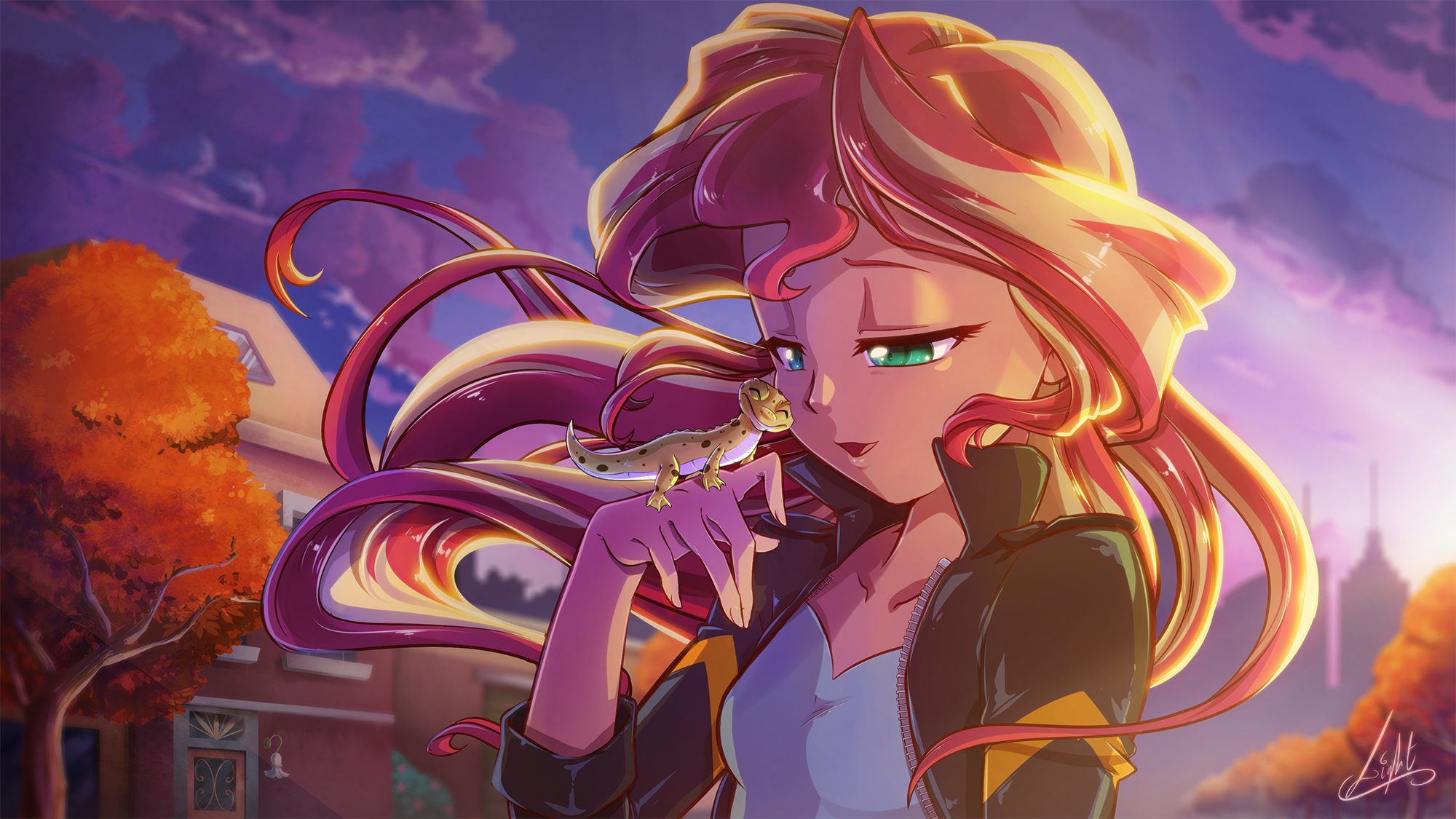 Redhead Green Eyes Lizard Sunset Shimmer Two Toned Hair Red Hair 2000x1125