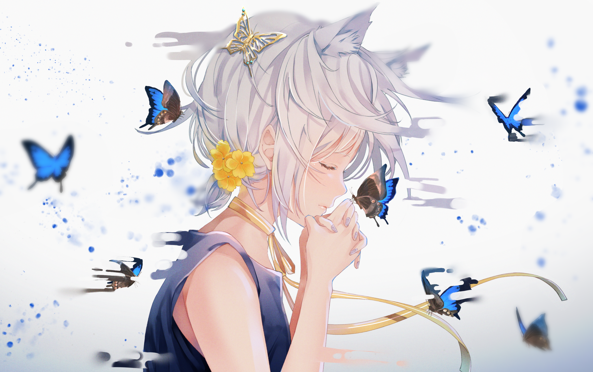 Anime Anime Girls Butterfly Praying Cat Ears Flower In Hair White Background Ribbons Necklace Blonde 2054x1289