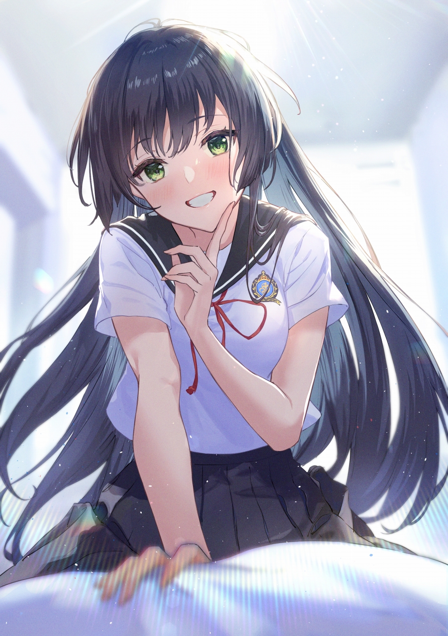 Anime Anime Girls School Uniform Halumonica Hiyori Kohal Dark Hair Long Hair Green Eyes Grin 901x1280