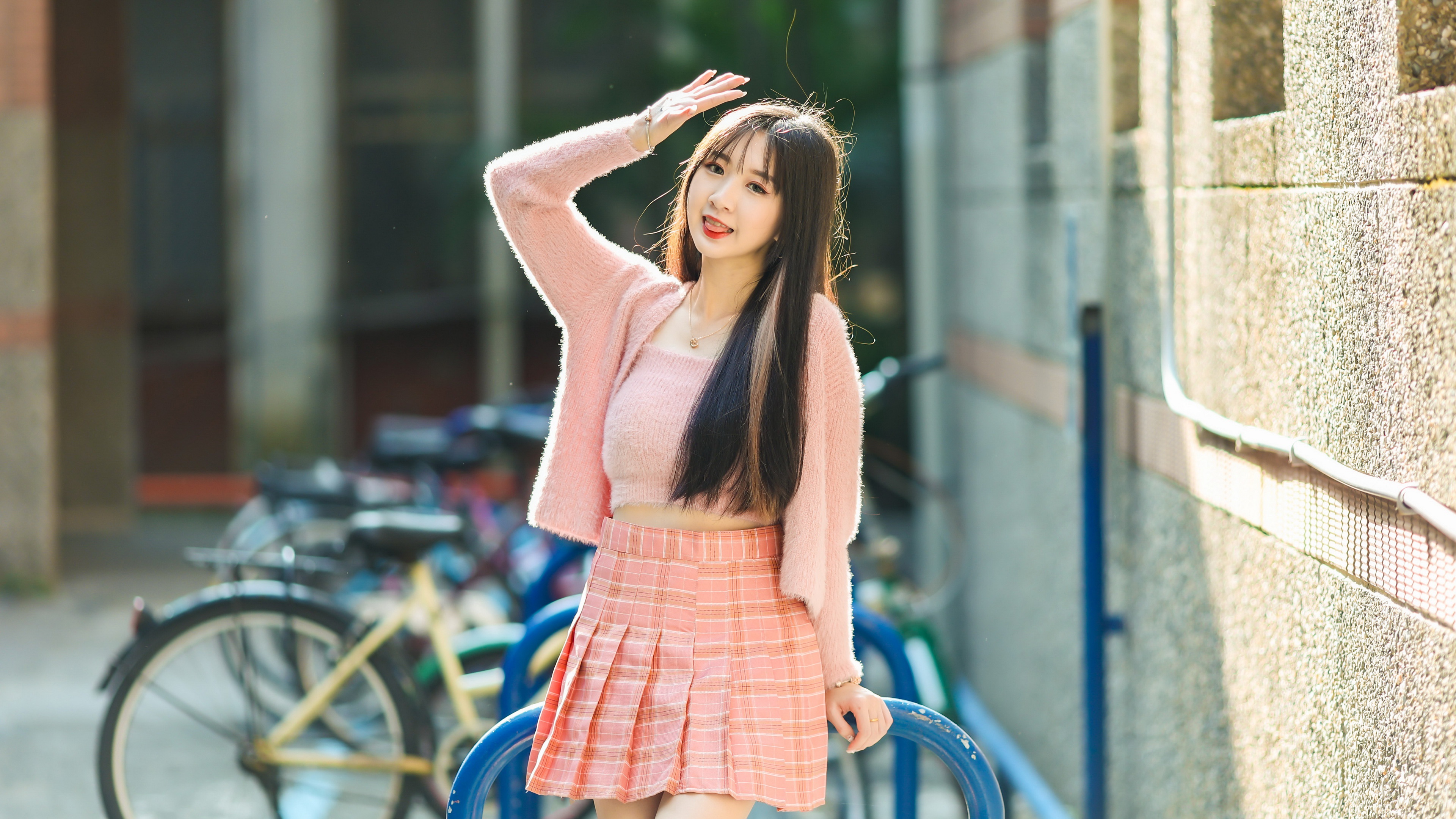 Asian Women Model Bicycle Women Outdoors Urban Skirt Long Hair Brunette Tongues Tongue Out Pink Clot 3840x2160