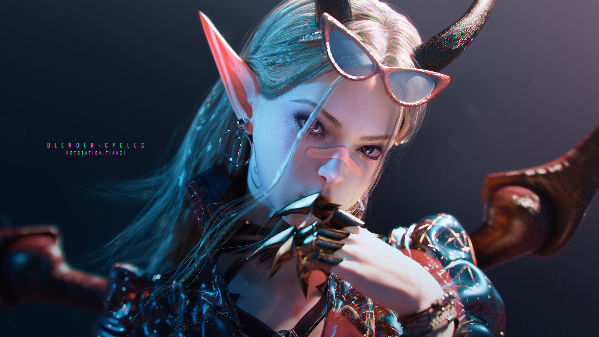 Tian Zi CGi Women Horns Blonde Sunglasses Pointy Ears Looking Away Armor Simple Background 1920x1080
