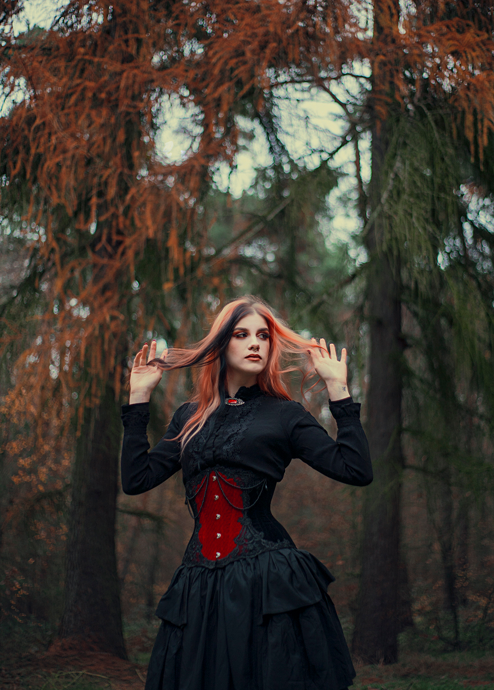 Women Model Redhead Dyed Hair Women Outdoors Trees Goths Black Dress 1000x1395