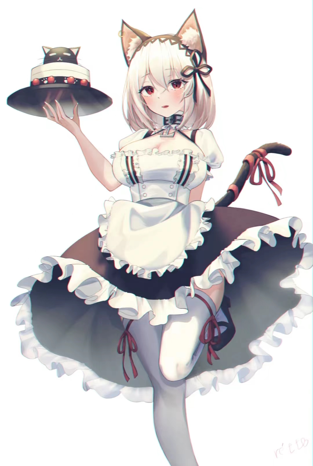 Anime Anime Girls Maid Maid Outfit Cake Cat Girl Cat Ears Cat Tail Tail Red Eyes Blonde 1080x1609
