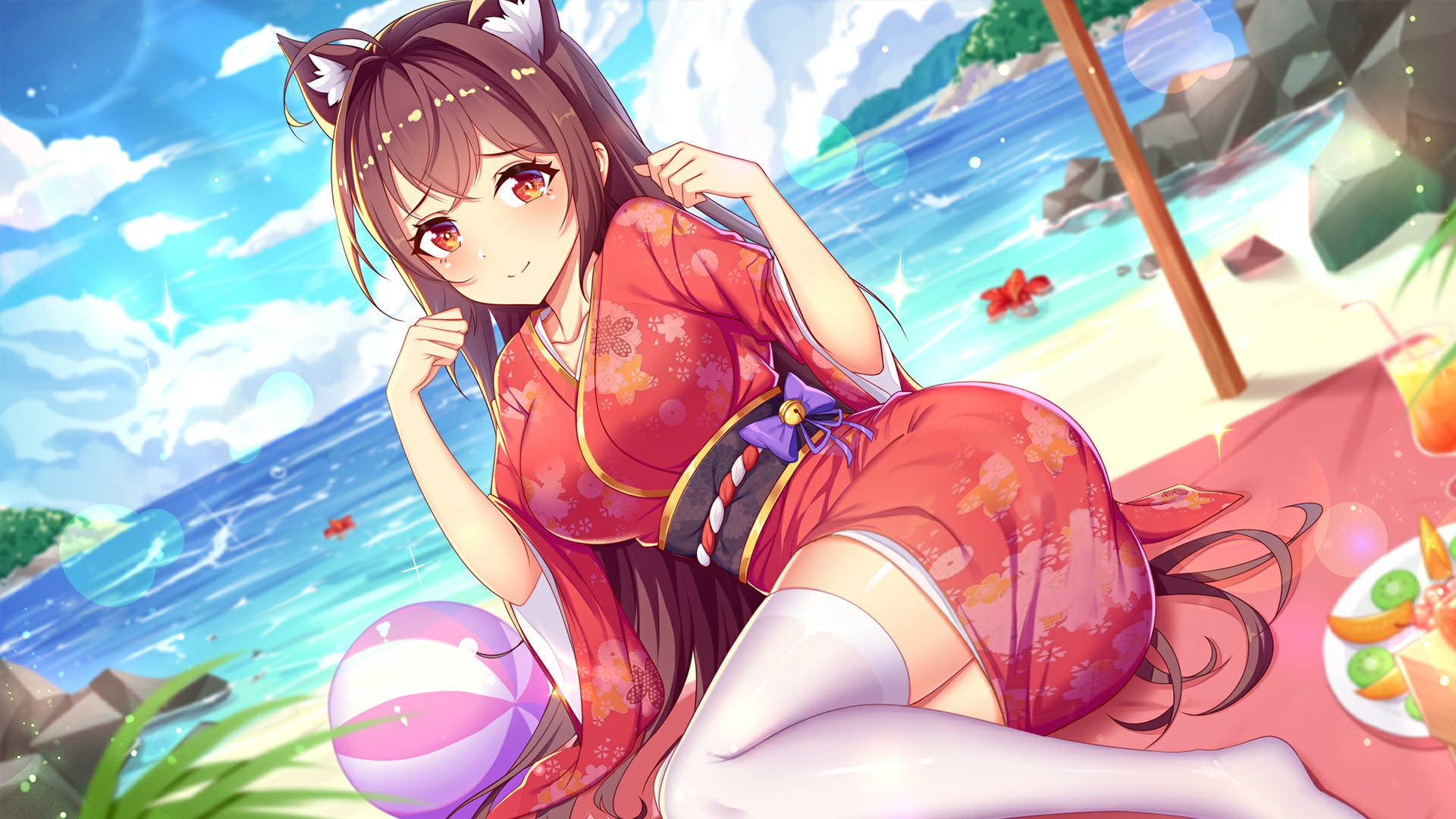 Looking At Viewer Anime Girls Long Hair Beach Thigh Highs Japanese Clothes Animal Ears Smiling Brune 1920x1080