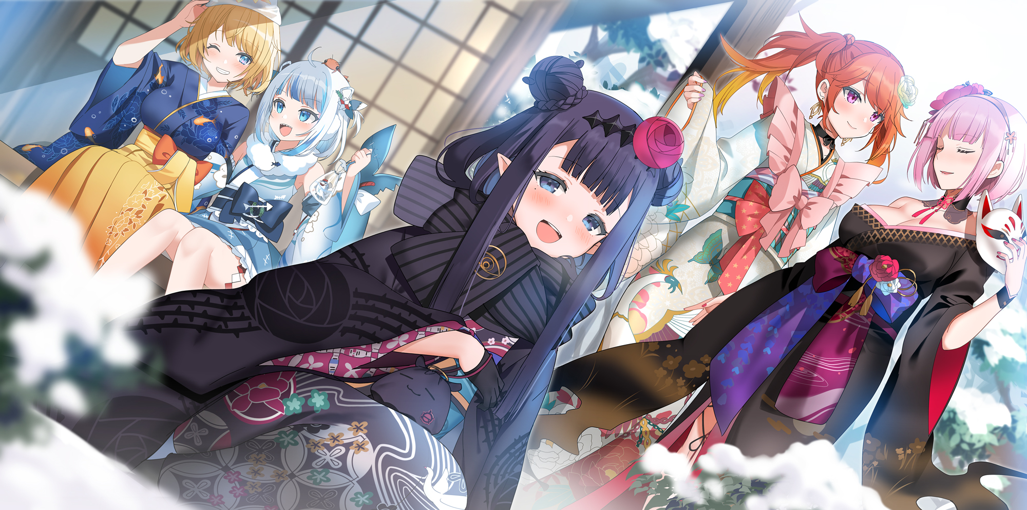 Anime Anime Girls Gawr Gura Kimono Blonde White Hair Black Hair Redhead Pink Hair Winter Virtual You 2000x993