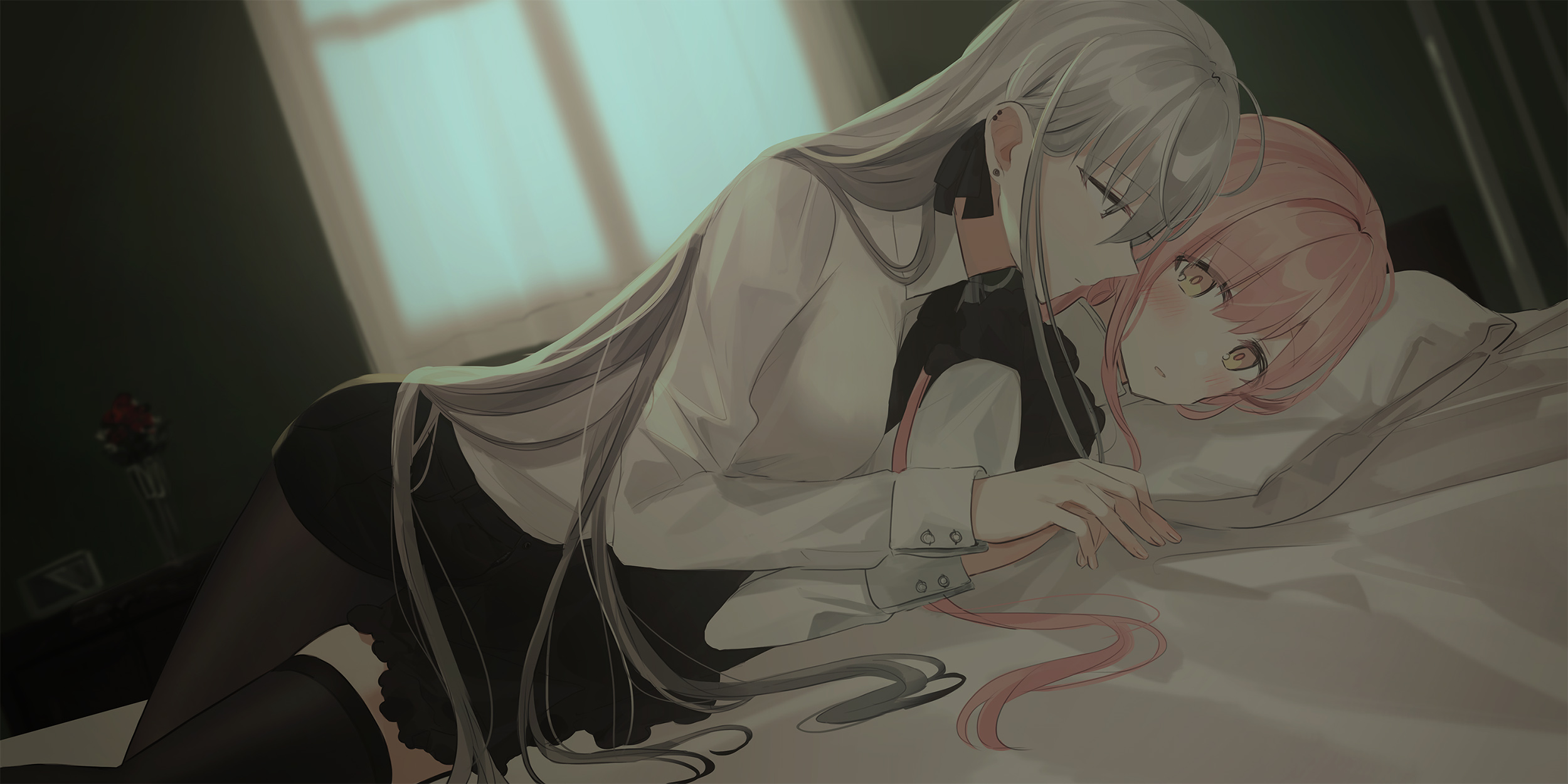 Anime Anime Girls Chihuri 45 Artwork In Bed Pink Hair White Hair 2500x1250