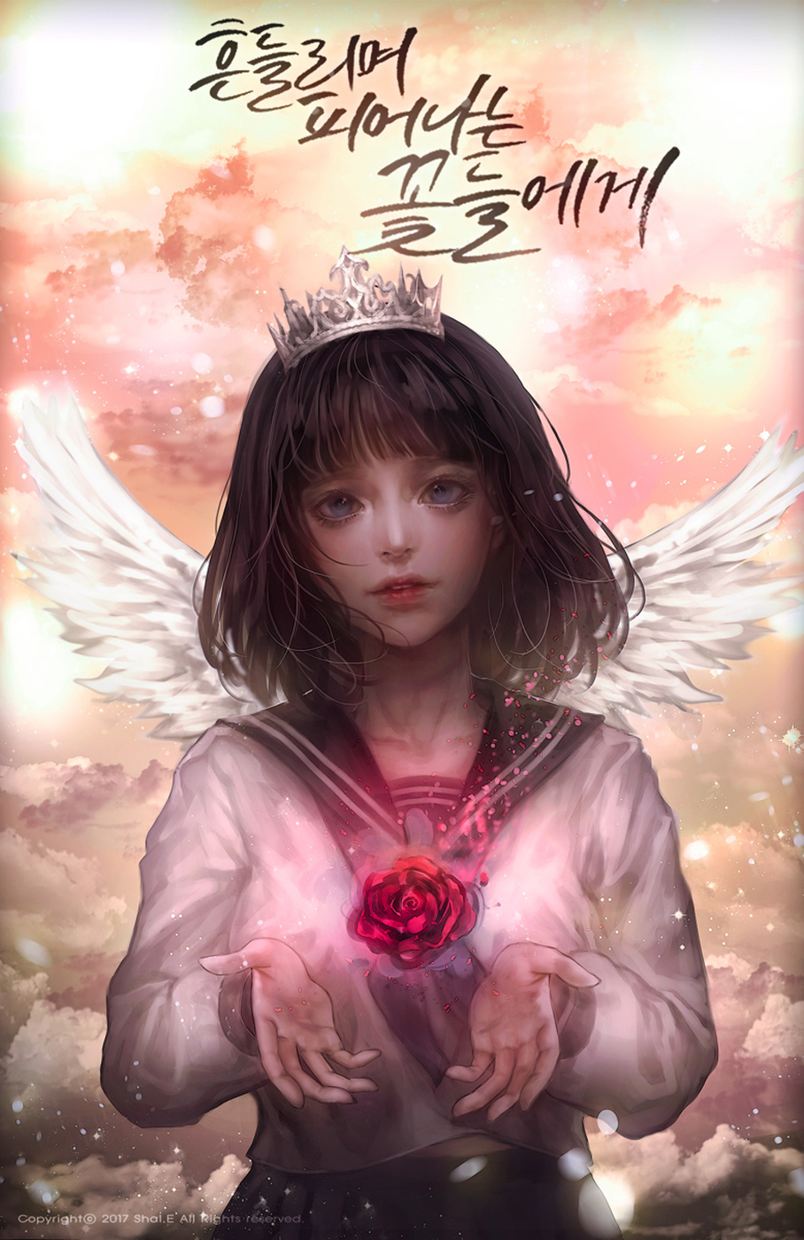 Anime Girls Anime Girl With Wings Dark Hair Gray Eyes School Uniform Crown Angel Wings Rose Red Wing 908x1400
